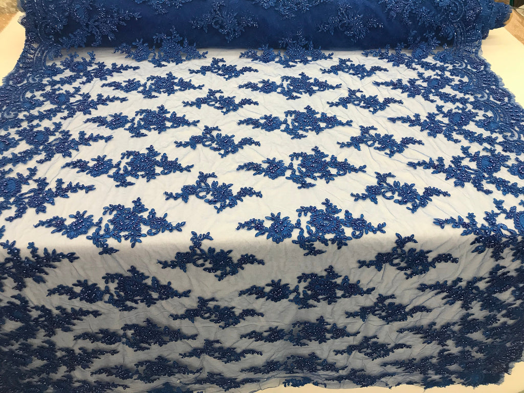 Royal Blue - Floral Hand Beaded Embroidered Pattern Bridal Lace Wedding Fabric Sold by The Yard