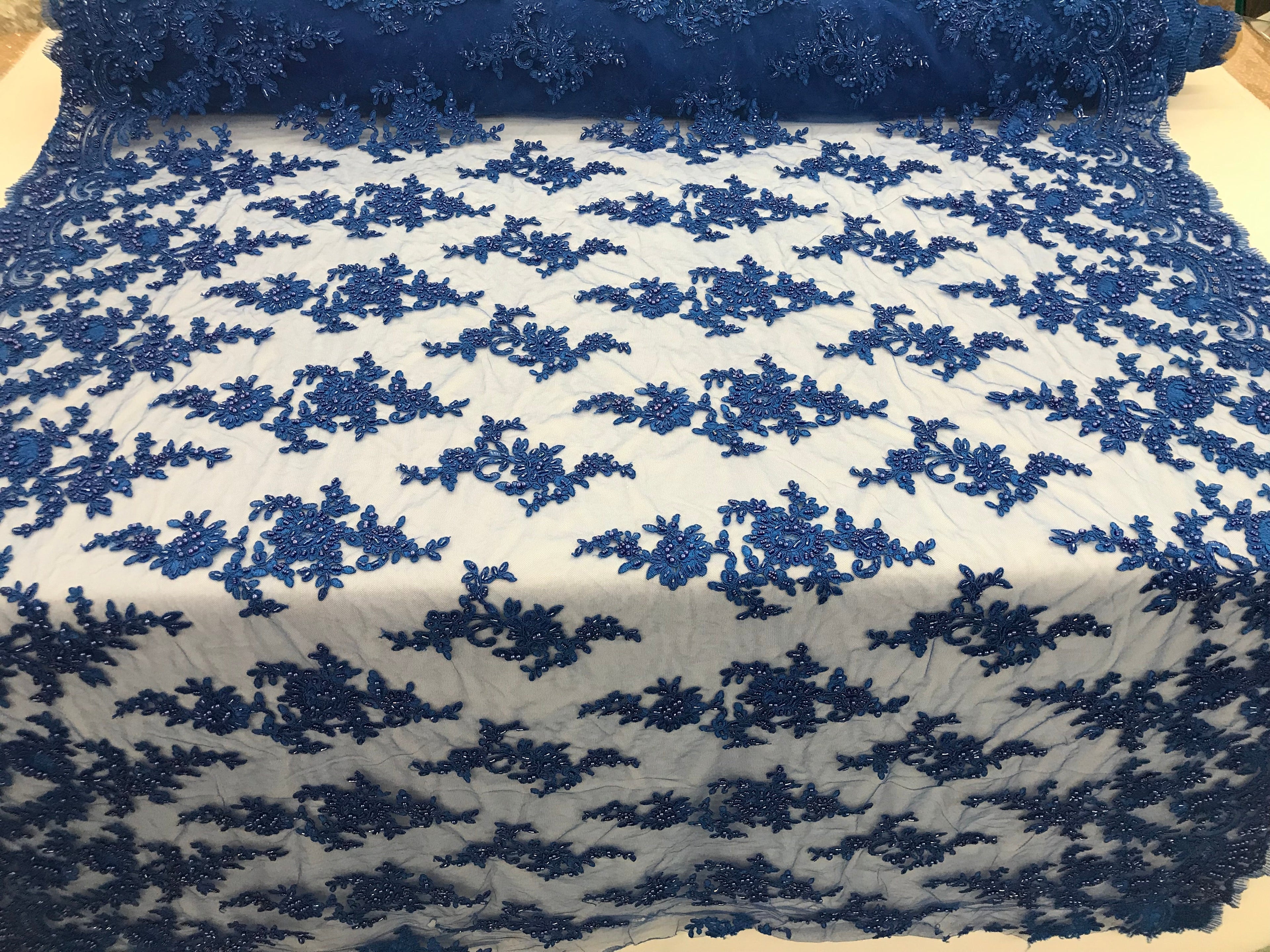 Royal Blue - Floral Hand Beaded Embroidered Pattern Bridal Lace Wedding Fabric Sold by The Yard