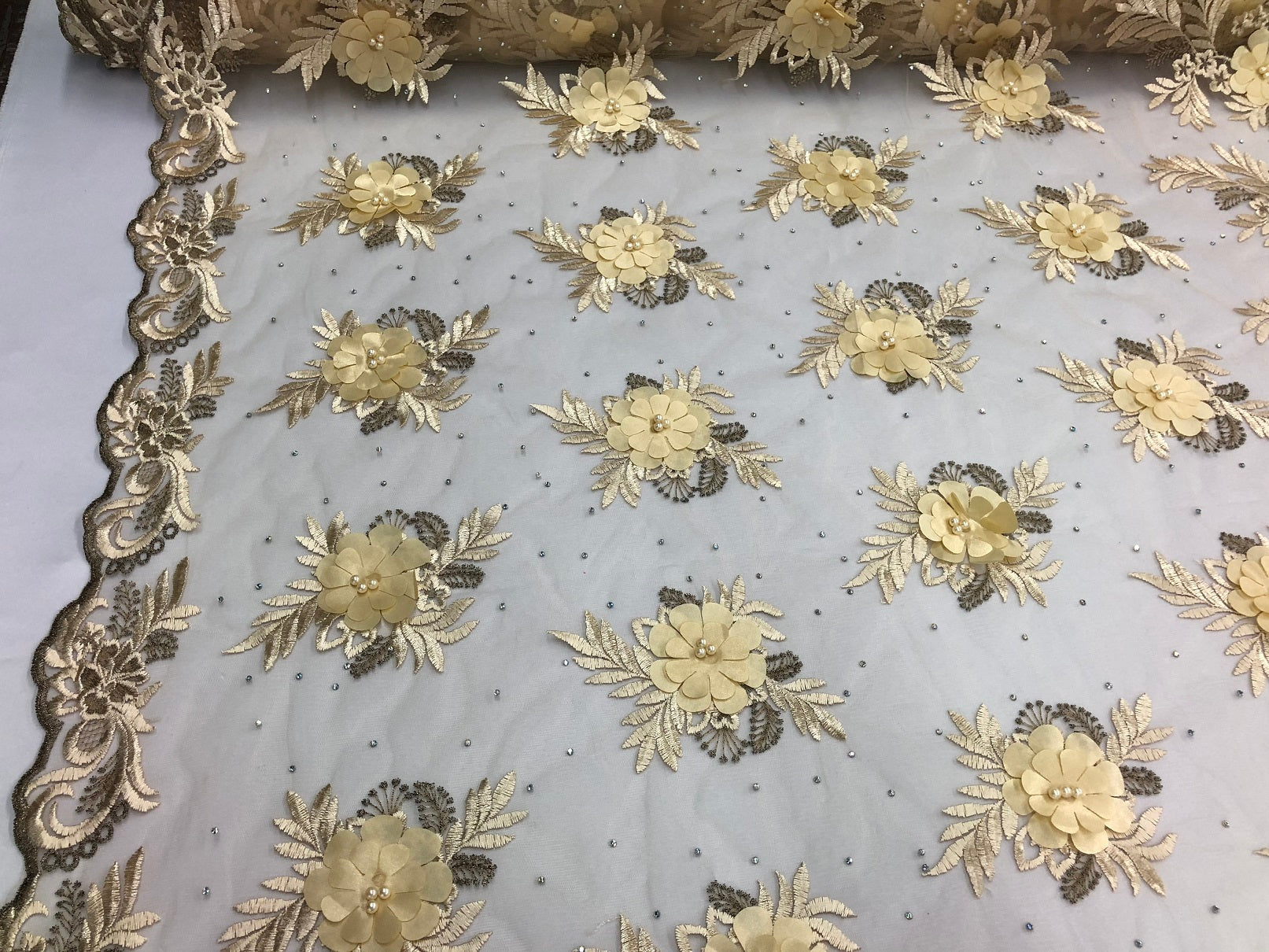 3D Embroided Flower Pattern Fabric with Two Tone Leaf Color Cream - Elegant 3D Flowers by The Yard