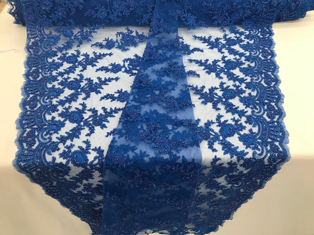 Royal Blue - Floral Hand Beaded Embroidered Pattern Bridal Lace Wedding Fabric Sold by The Yard