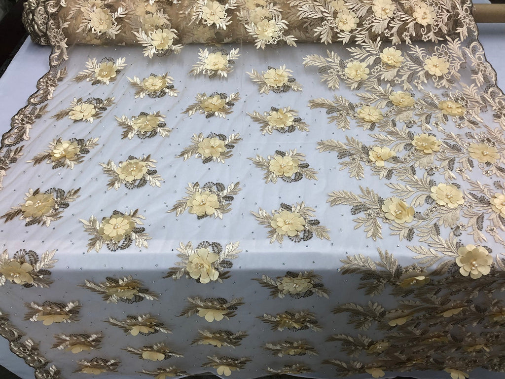 3D Embroided Flower Pattern Fabric with Two Tone Leaf Color Cream - Elegant 3D Flowers By The Yard