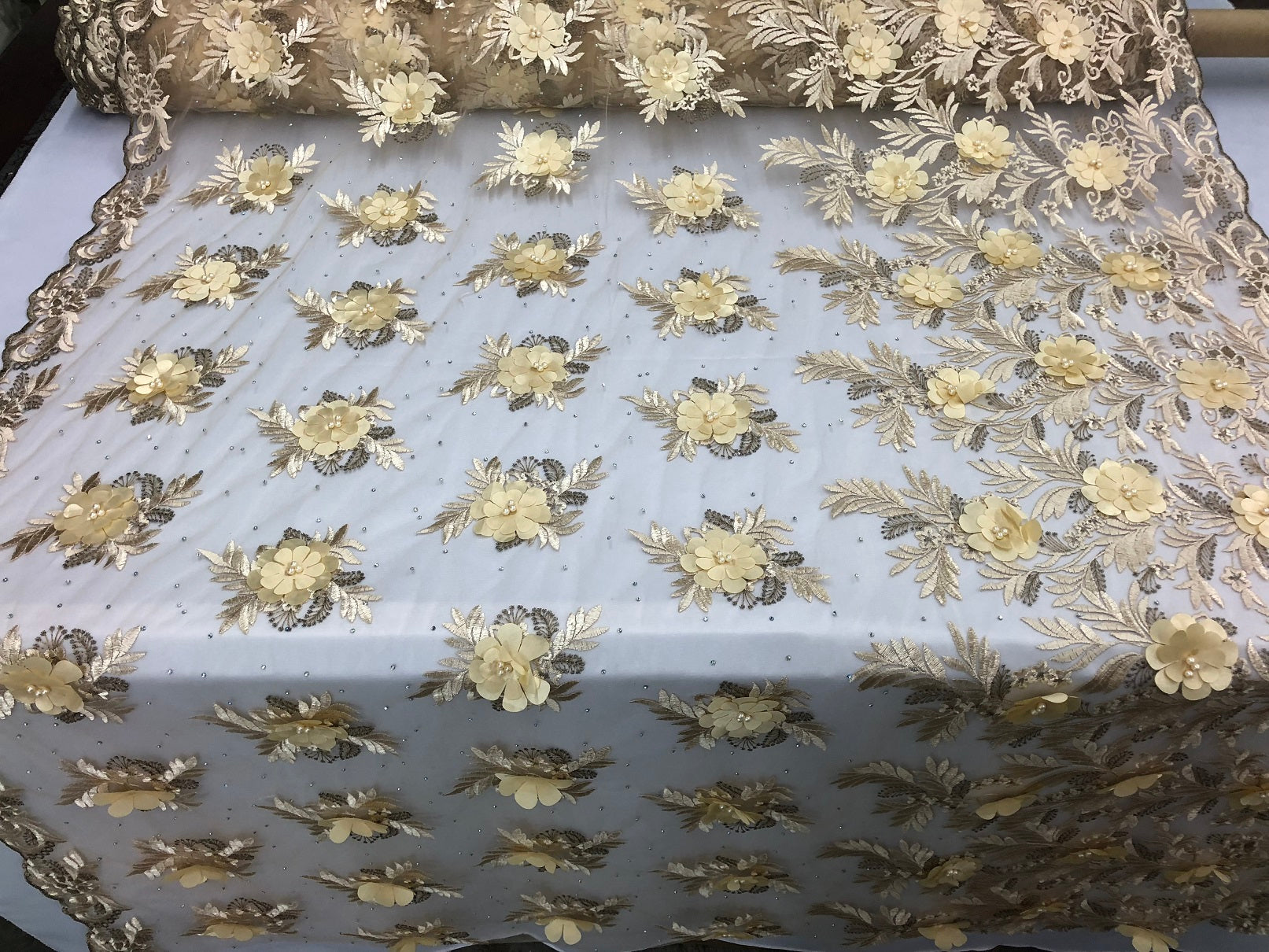 3D Embroided Flower Pattern Fabric with Two Tone Leaf Color Cream - Elegant 3D Flowers by The Yard
