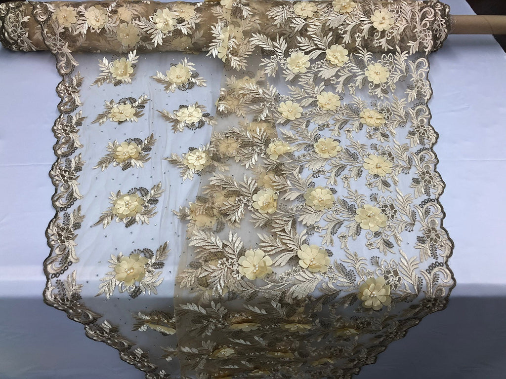 3D Embroided Flower Pattern Fabric with Two Tone Leaf Color Cream - Elegant 3D Flowers By The Yard