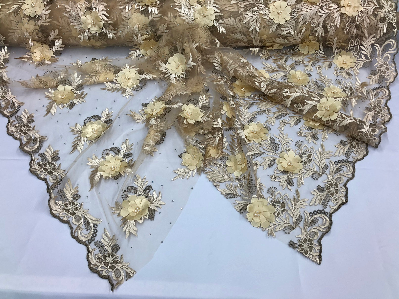 3D Embroided Flower Pattern Fabric with Two Tone Leaf Color Cream - Elegant 3D Flowers By The Yard