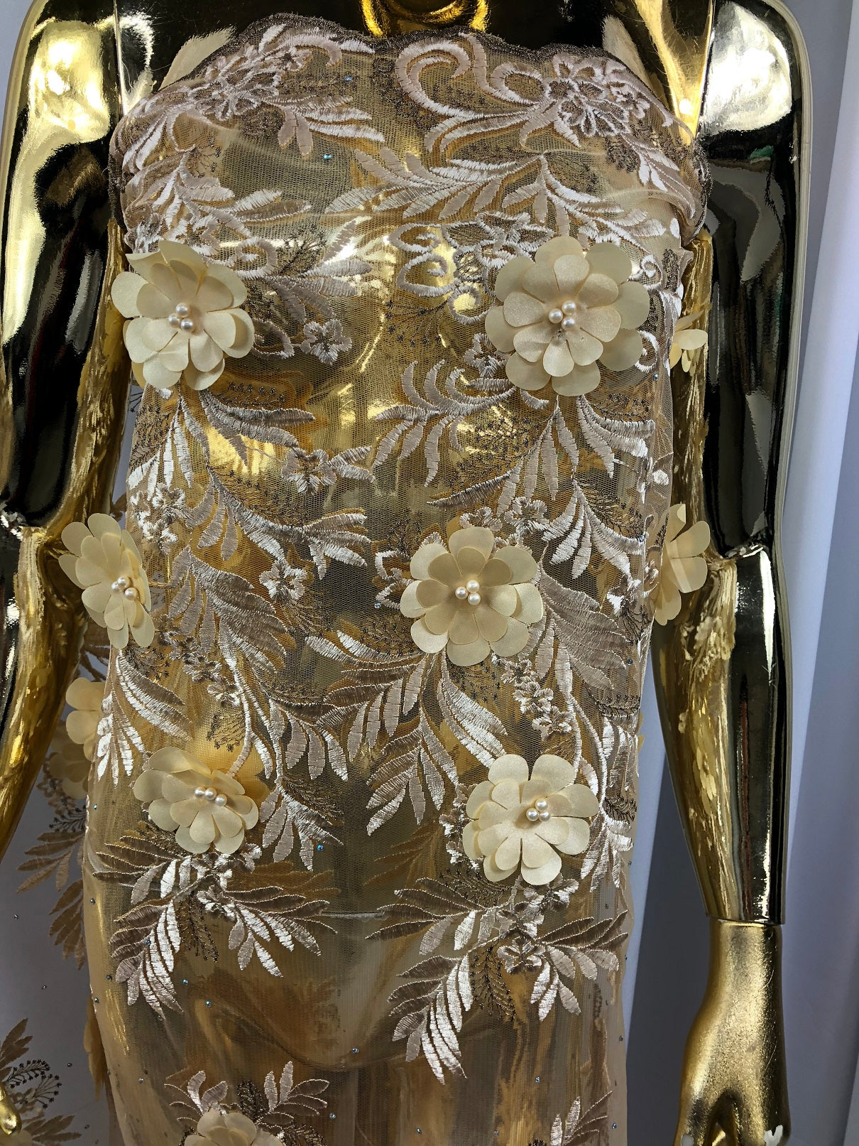 3D Embroided Flower Pattern Fabric with Two Tone Leaf Color Cream - Elegant 3D Flowers by The Yard