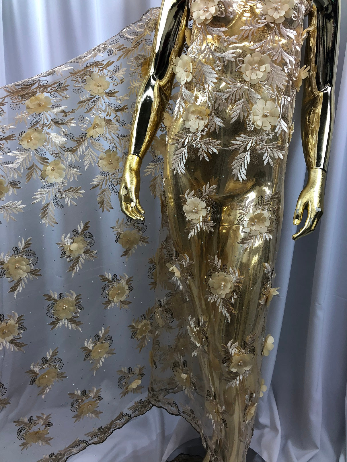 3D Embroided Flower Pattern Fabric with Two Tone Leaf Color Cream - Elegant 3D Flowers by The Yard