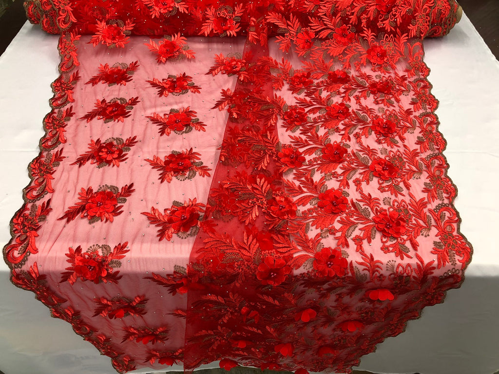 3D Embroided Flower Pattern Fabric with Two Tone Leaf Color - Red - Elegant 3D Flowers By The Yard