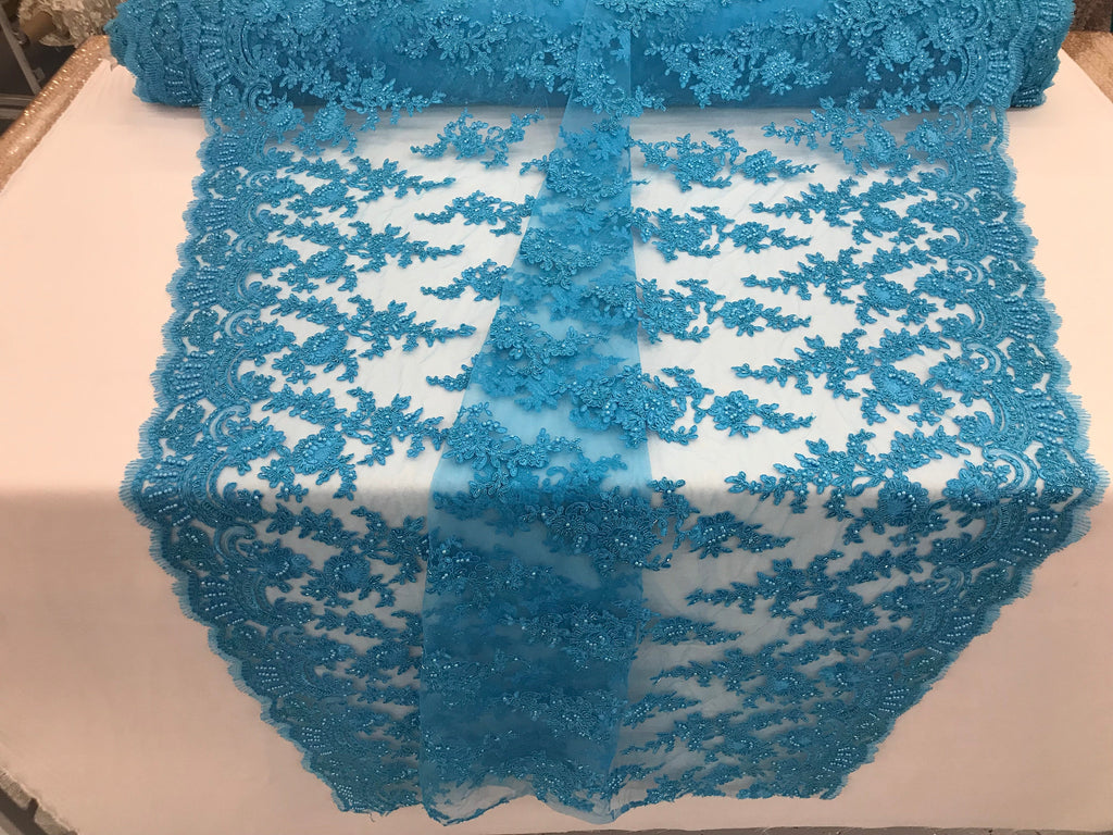 Turquoise - Floral Hand Beaded Embroidered Pattern Bridal Lace Wedding Fabric Sold by The Yard