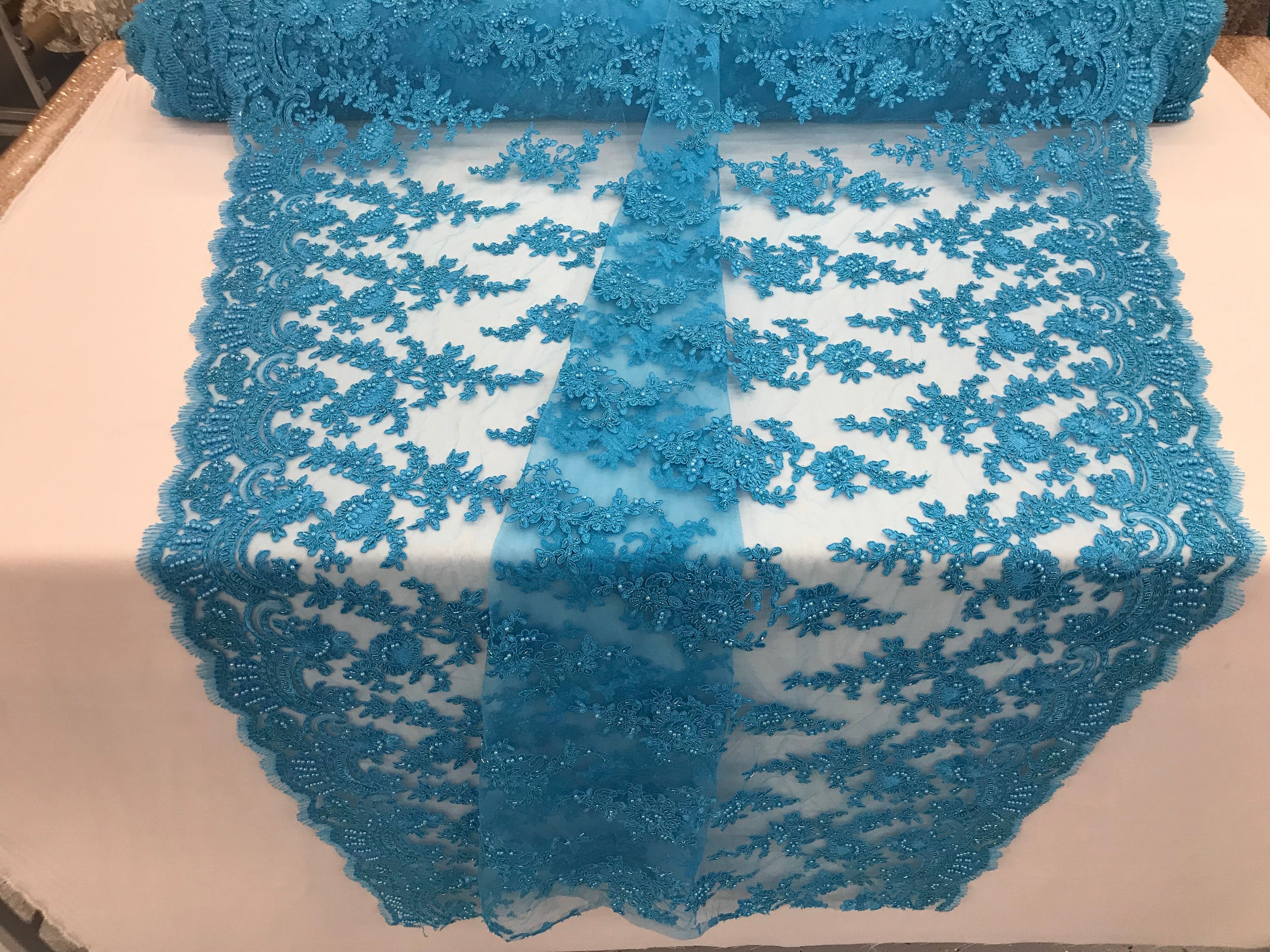 Turquoise - Floral Hand Beaded Embroidered Pattern Bridal Lace Wedding Fabric Sold by The Yard