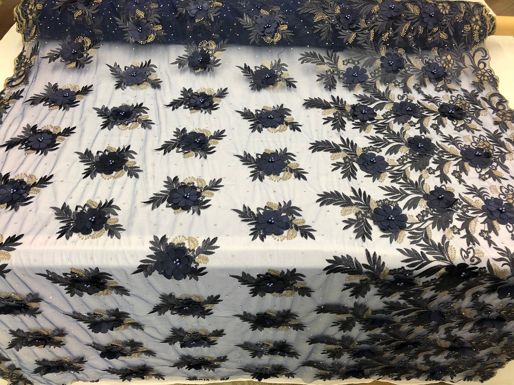 3D Embroided Flower Pattern Fabric with Two Tone Leaf Color Navy - Elegant 3D Flowers by The Yard