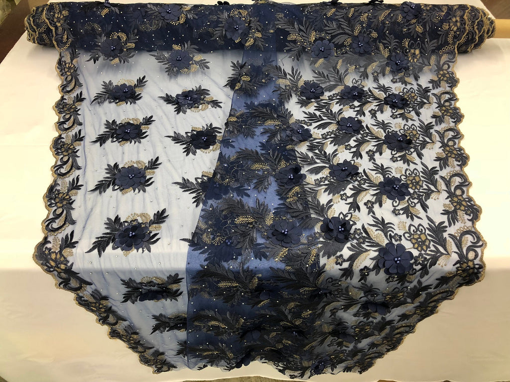 3D Embroided Flower Pattern Fabric with Two Tone Leaf Color Navy - Elegant 3D Flowers by The Yard