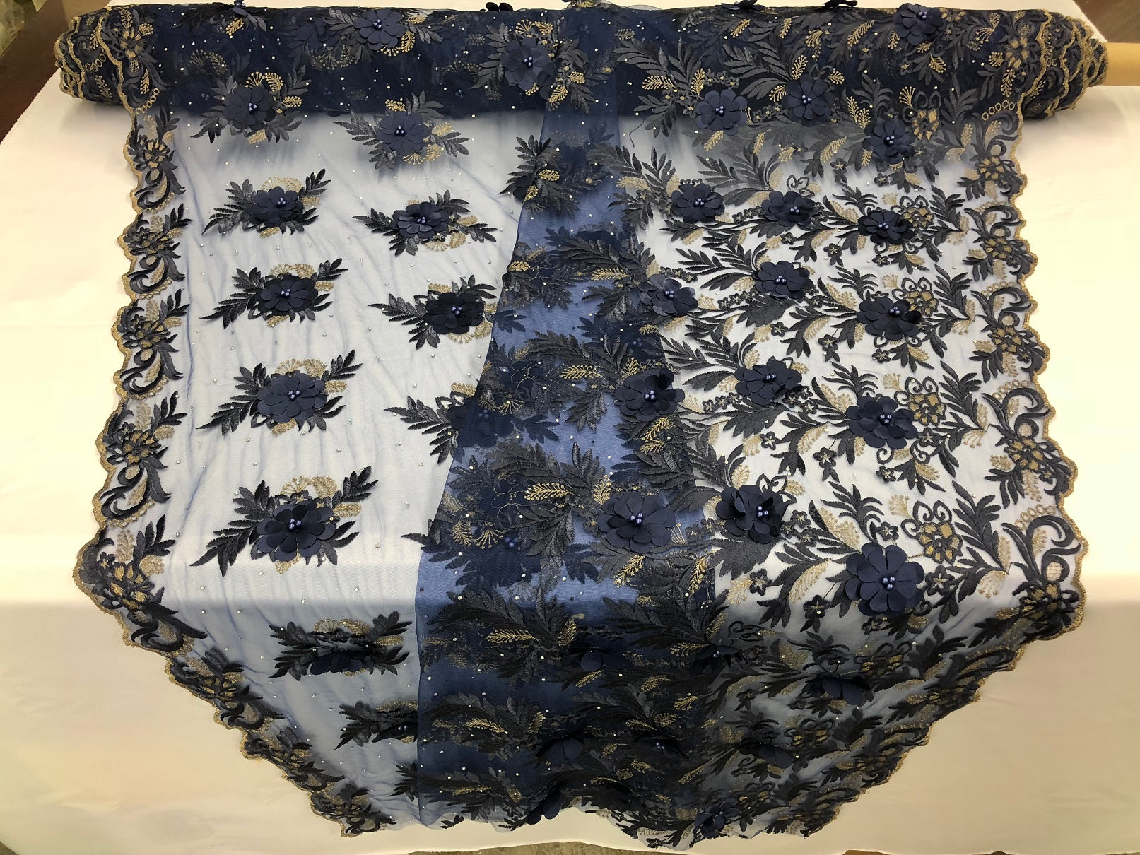 3D Embroided Flower Pattern Fabric with Two Tone Leaf Color Navy - Elegant 3D Flowers by The Yard