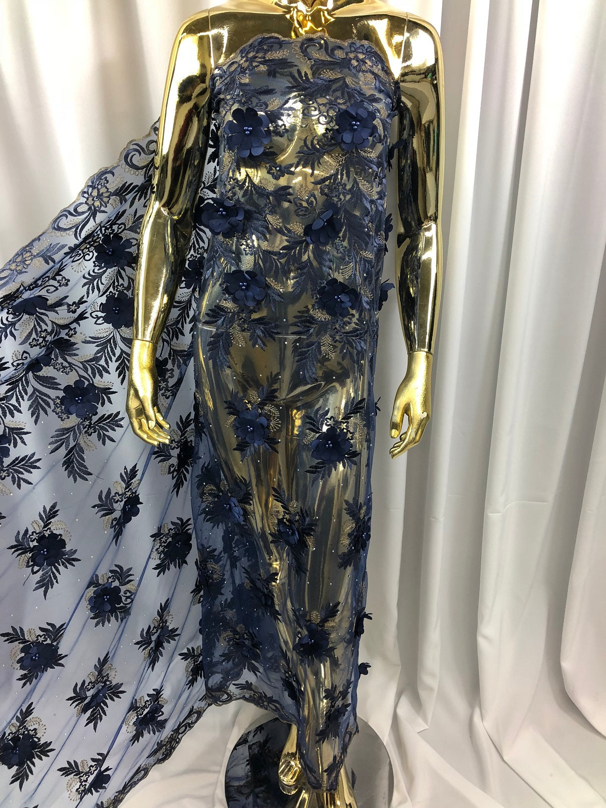 3D Embroided Flower Pattern Fabric with Two Tone Leaf Color Navy - Elegant 3D Flowers by The Yard