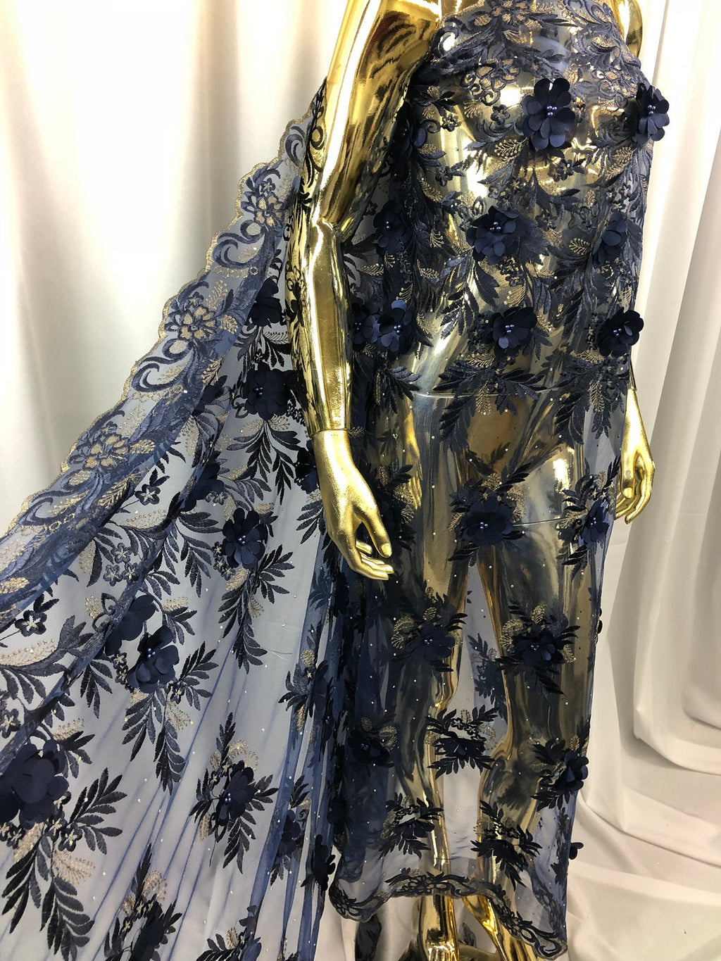 3D Embroided Flower Pattern Fabric with Two Tone Leaf Color Navy - Elegant 3D Flowers by The Yard