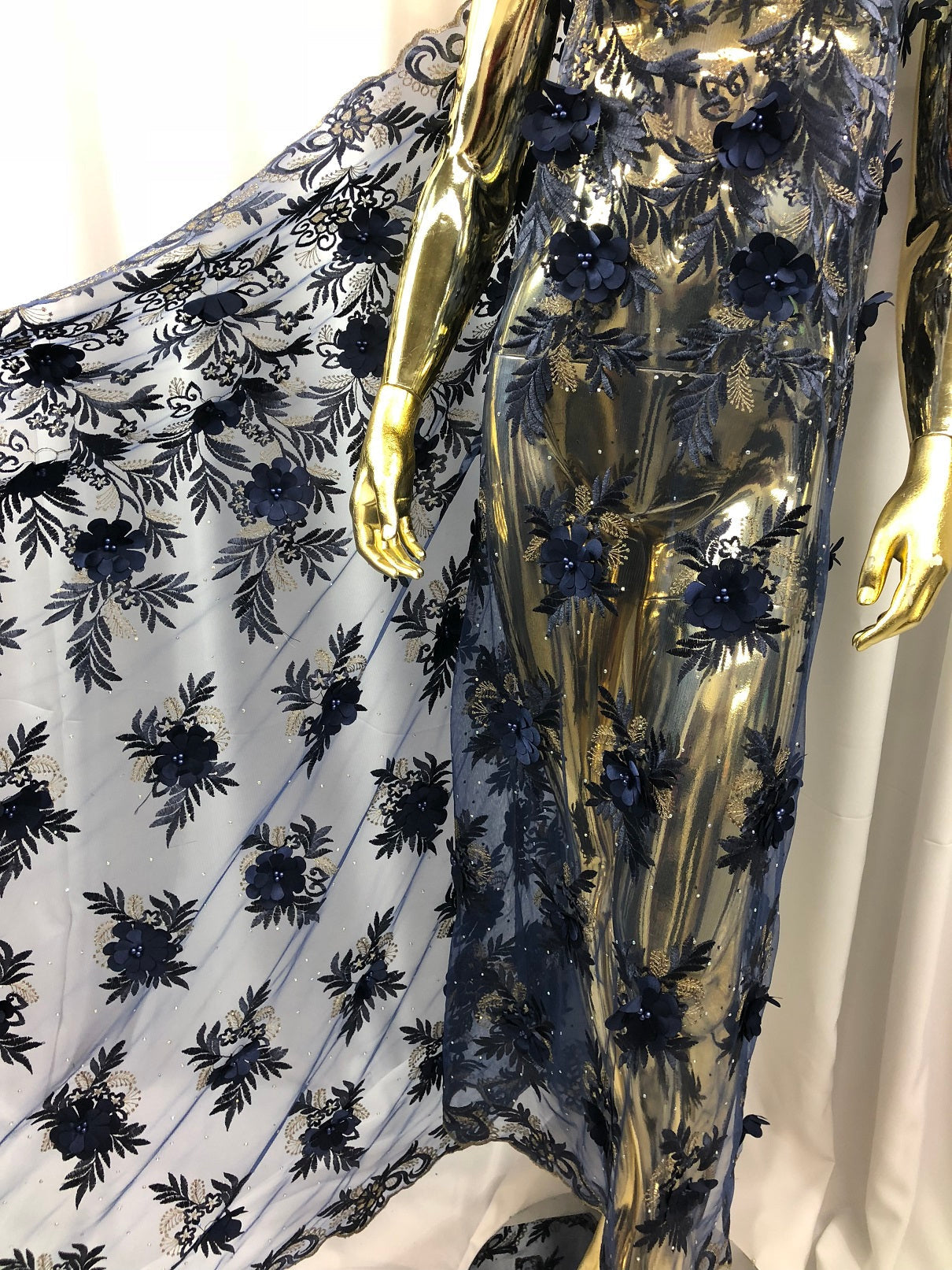 3D Embroided Flower Pattern Fabric with Two Tone Leaf Color Navy - Elegant 3D Flowers by The Yard