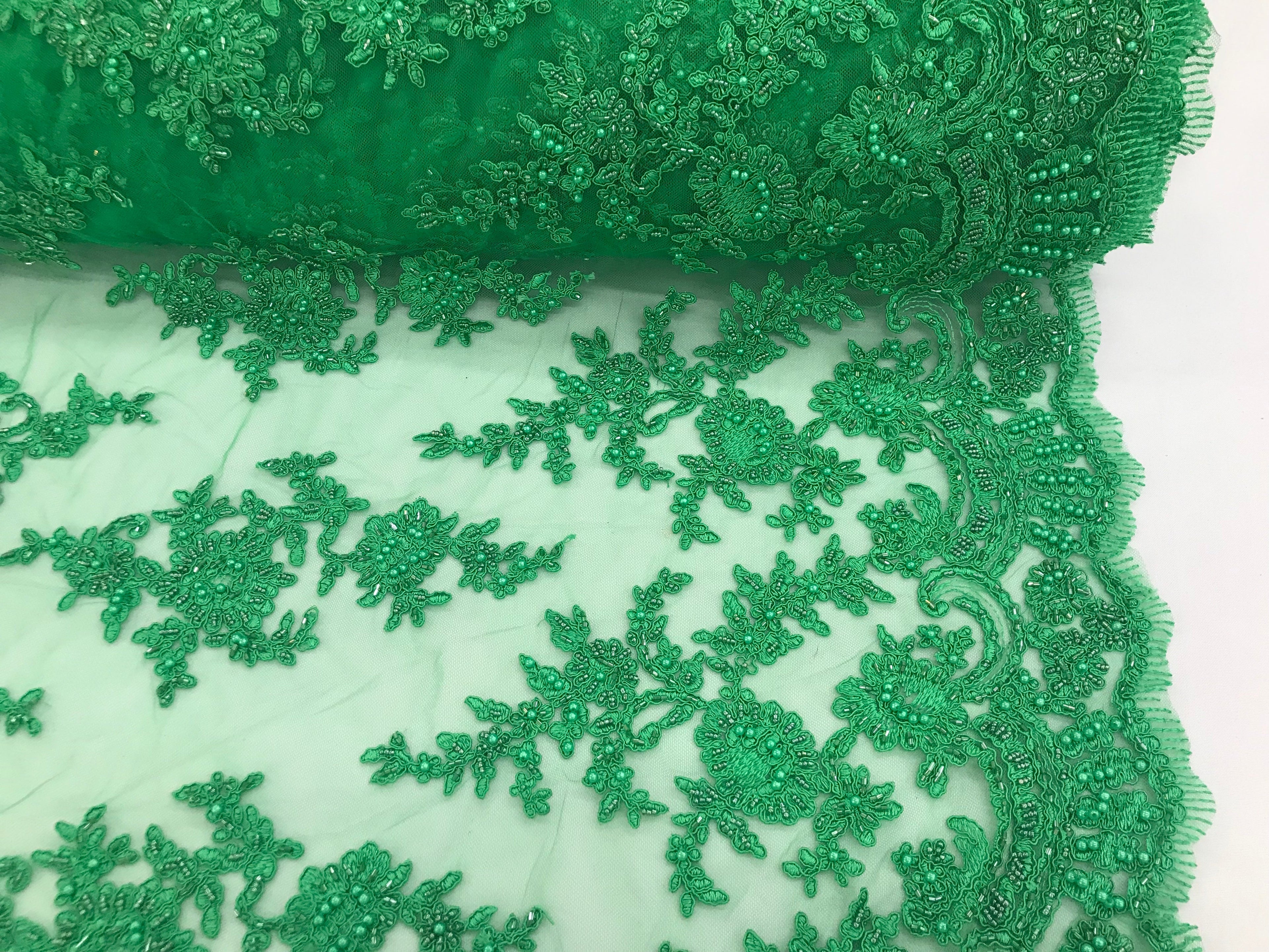 Green - Floral Hand Beaded Embroidered Pattern Bridal Lace Wedding Fabric Sold by The Yard