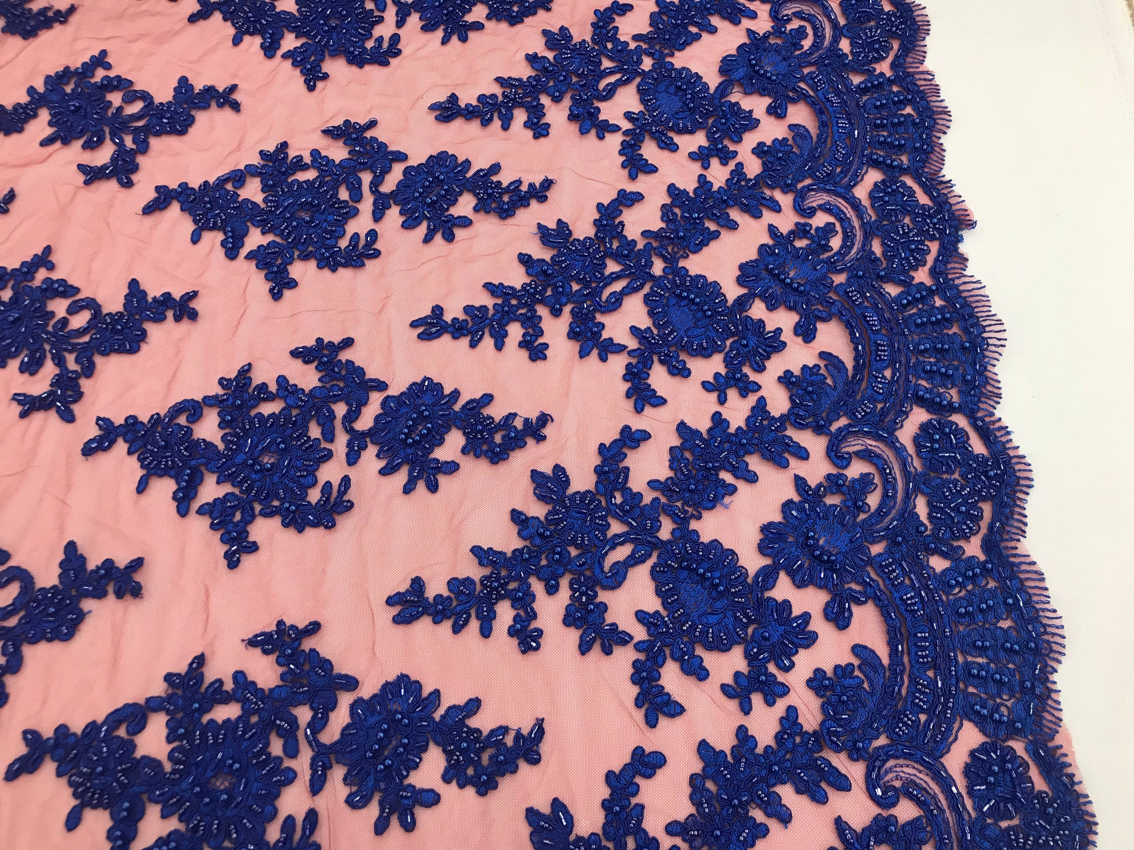Royal with Red Mesh - Floral Hand Beaded Embroidered Pattern Bridal Wedding Fabric Sold by The Yard