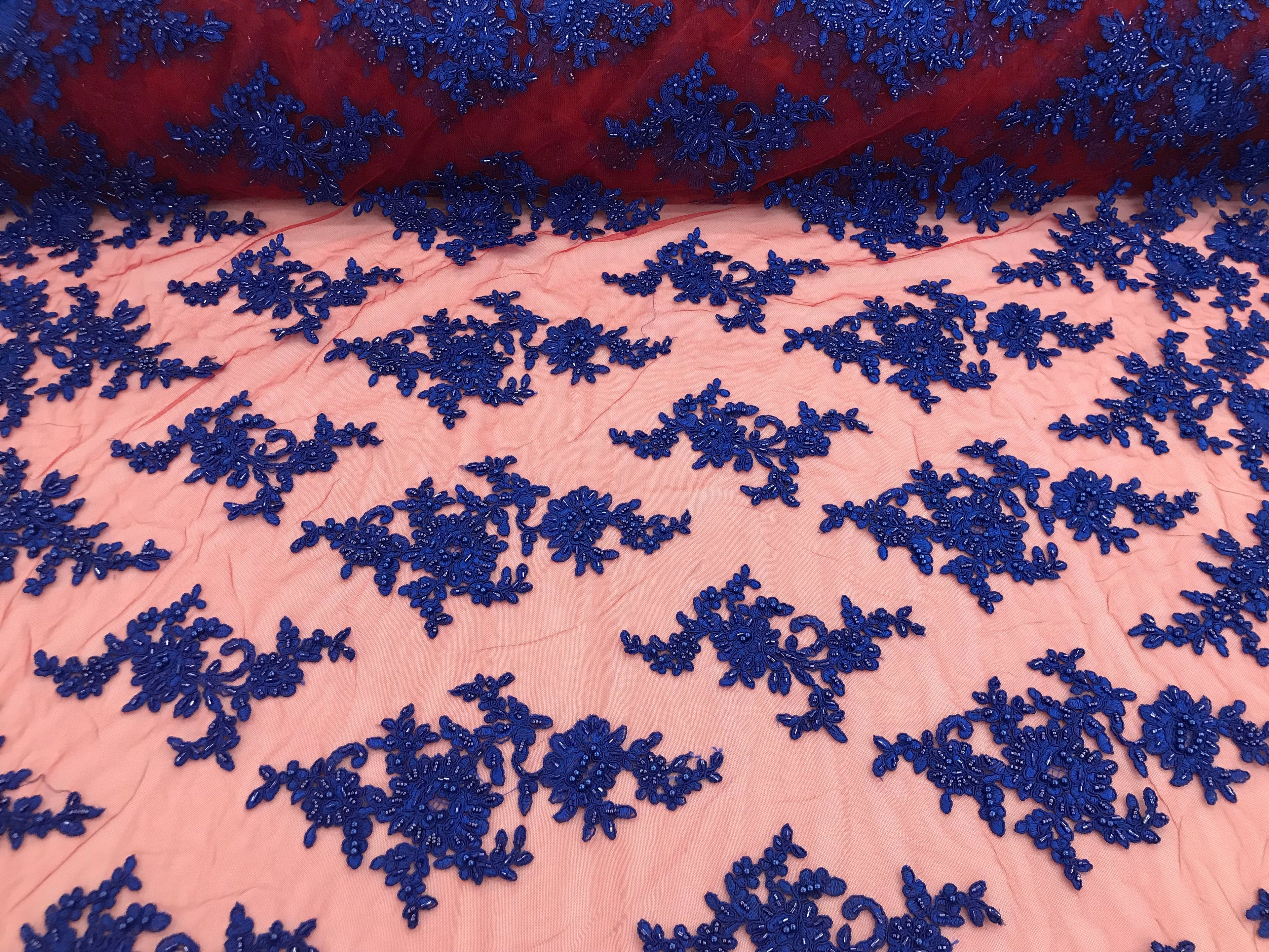 Royal with Red Mesh - Floral Hand Beaded Embroidered Pattern Bridal Wedding Fabric Sold by The Yard