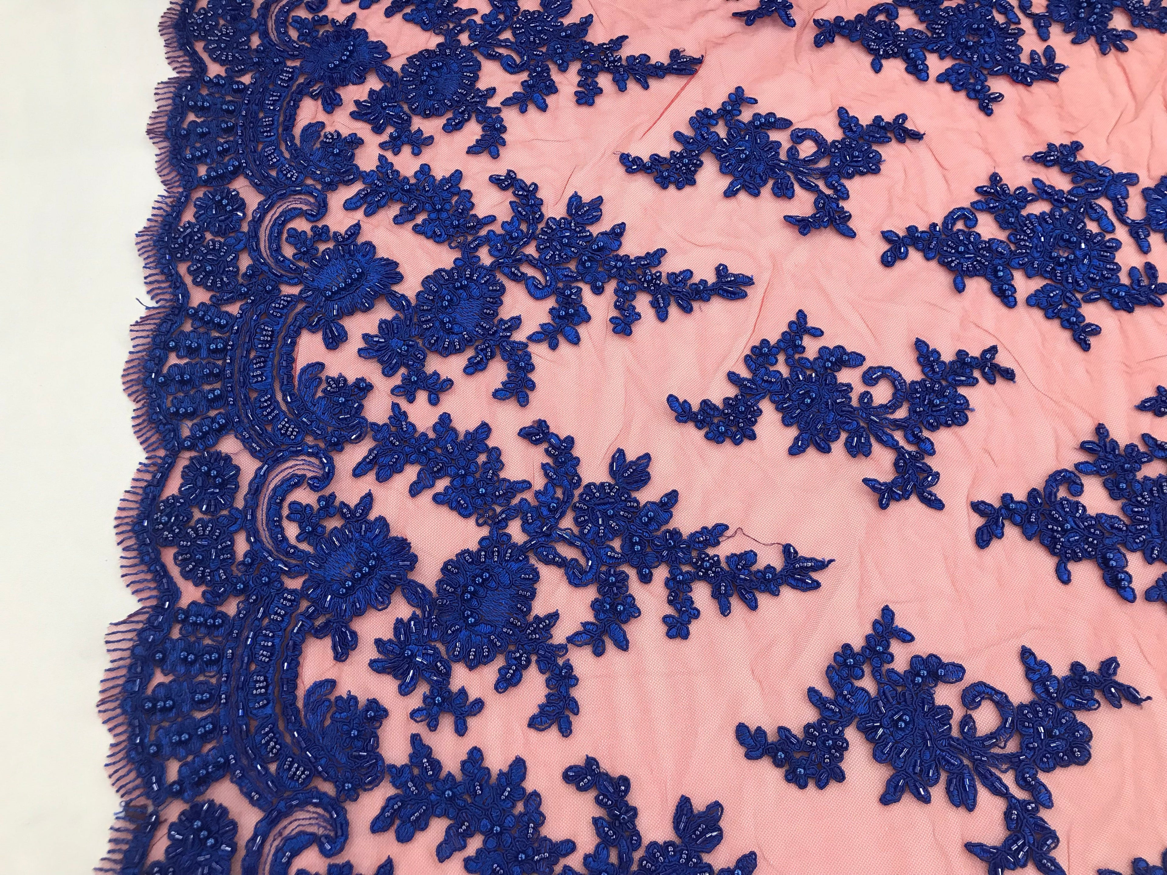 Royal with Red Mesh - Floral Hand Beaded Embroidered Pattern Bridal Wedding Fabric Sold by The Yard