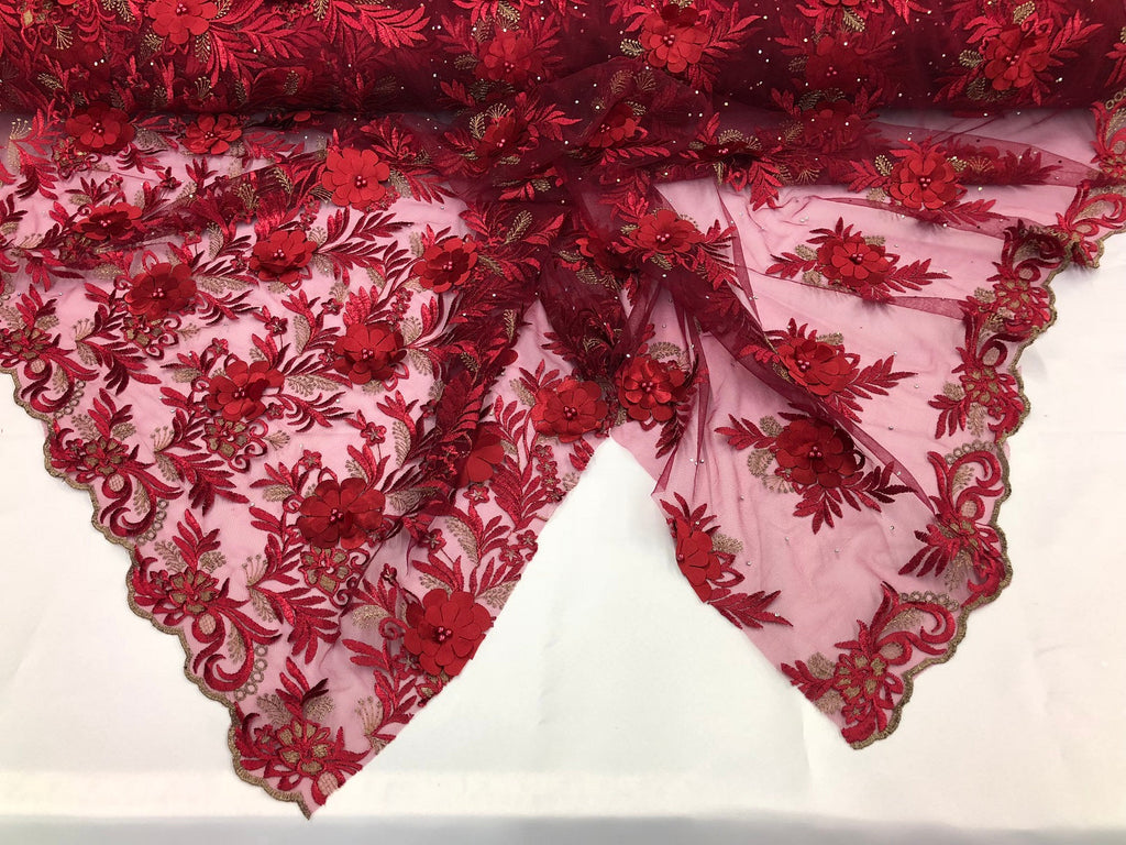 3D Embroided Flower Pattern Fabric with Two Tone Leaf Color Burgundy Elegant 3D Flowers By The Yard