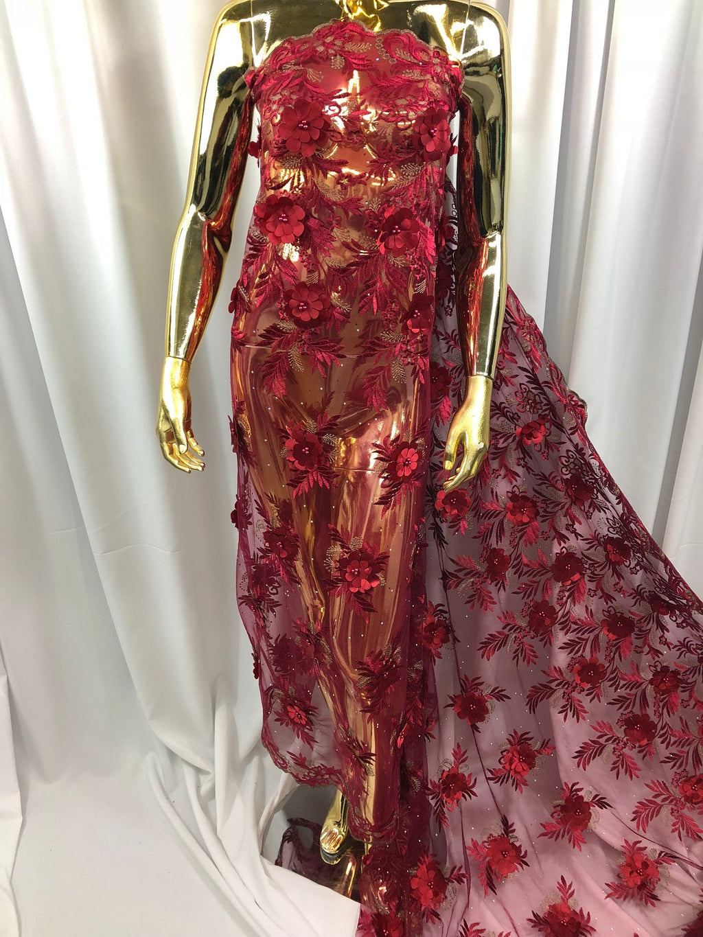3D Embroided Flower Pattern Fabric with Two Tone Leaf Color Burgundy Elegant 3D Flowers By The Yard