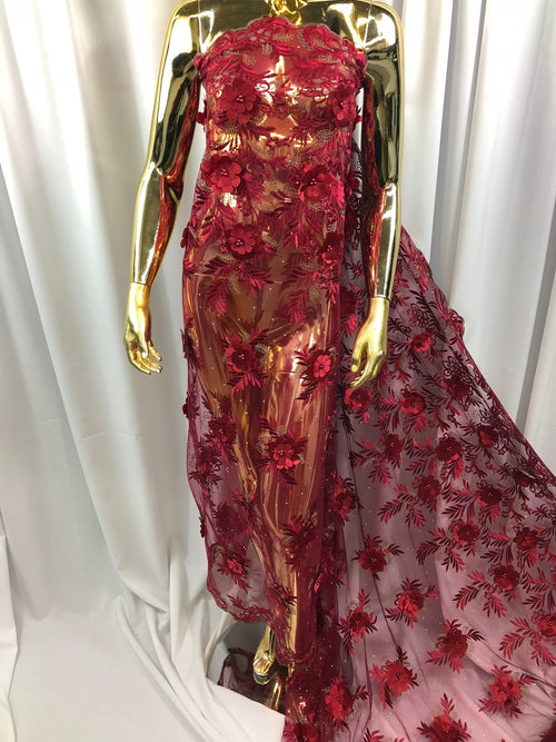 3D Embroided Flower Pattern Fabric with Two Tone Leaf Color Burgundy Elegant 3D Flowers By The Yard