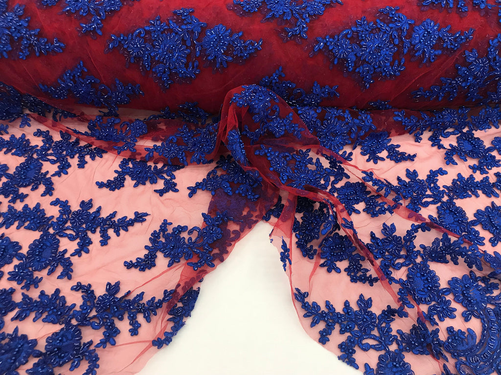 Royal with Red Mesh - Floral Hand Beaded Embroidered Pattern Bridal Wedding Fabric Sold by The Yard