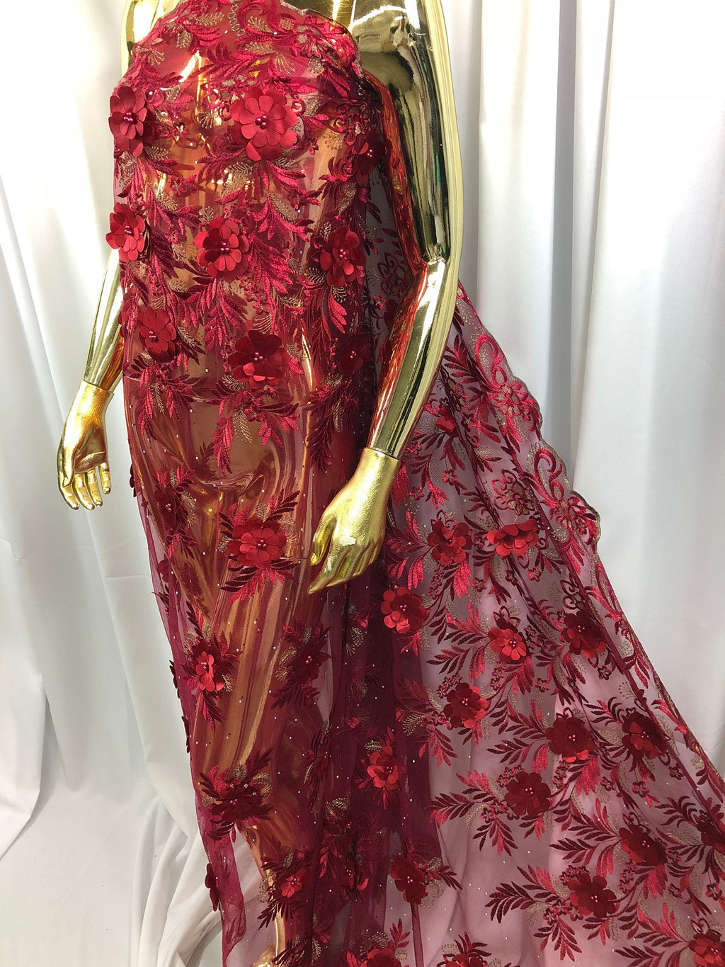 3D Embroided Flower Pattern Fabric with Two Tone Leaf Color Burgundy Elegant 3D Flowers By The Yard