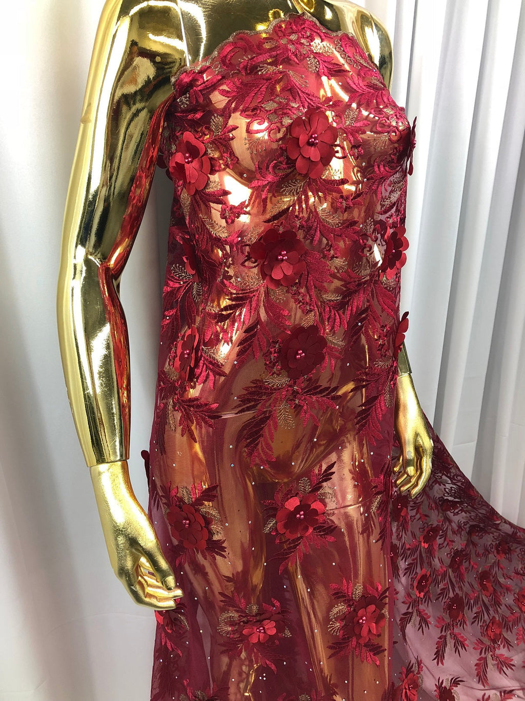 3D Embroided Flower Pattern Fabric with Two Tone Leaf Color Burgundy Elegant 3D Flowers By The Yard
