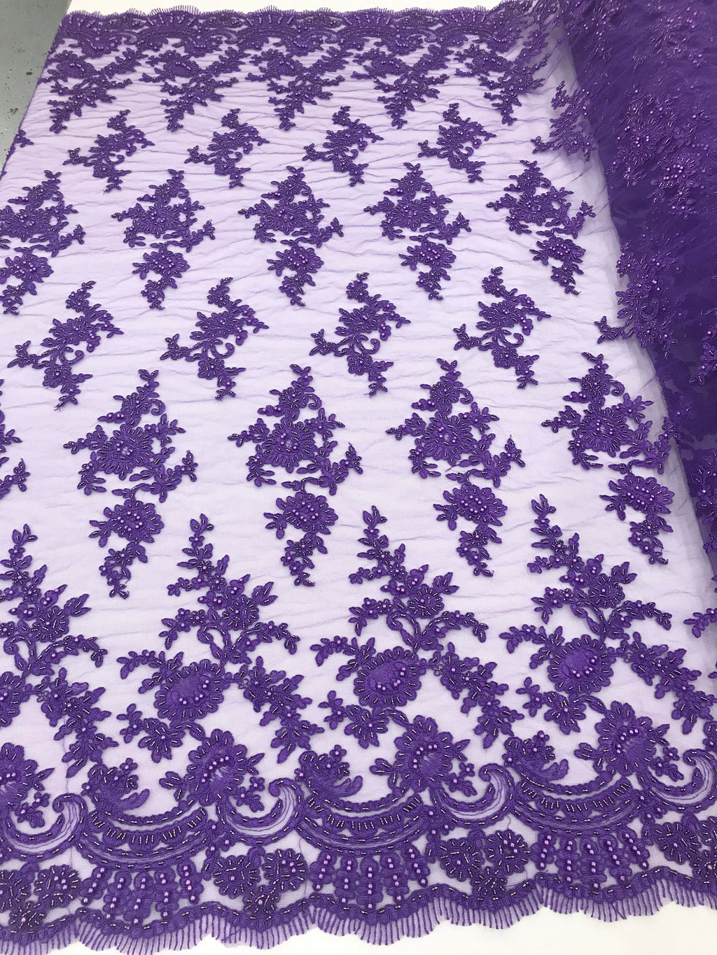 Lilac - Floral Hand Beaded Embroidered Pattern Bridal Lace Wedding Fabric Sold by The Yard