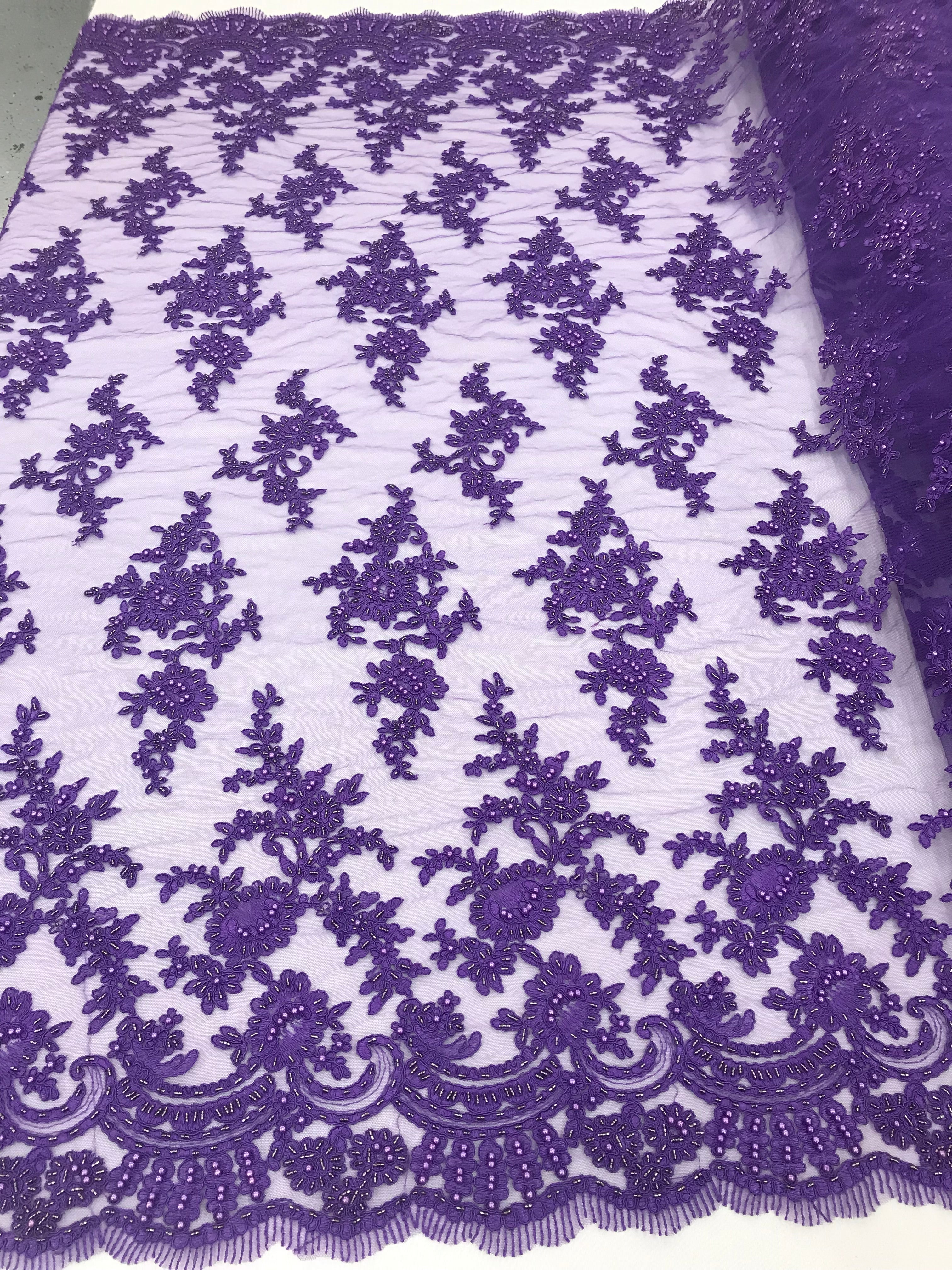 Lilac - Floral Hand Beaded Embroidered Pattern Bridal Lace Wedding Fabric Sold by The Yard