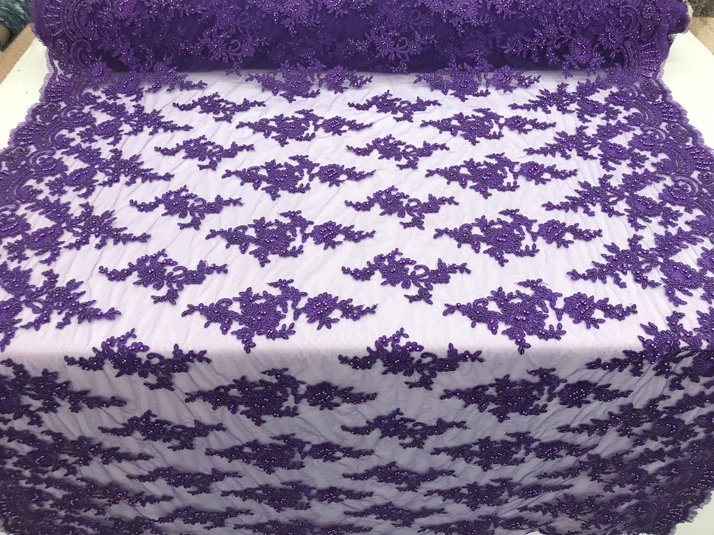 Lilac - Floral Hand Beaded Embroidered Pattern Bridal Lace Wedding Fabric Sold by The Yard