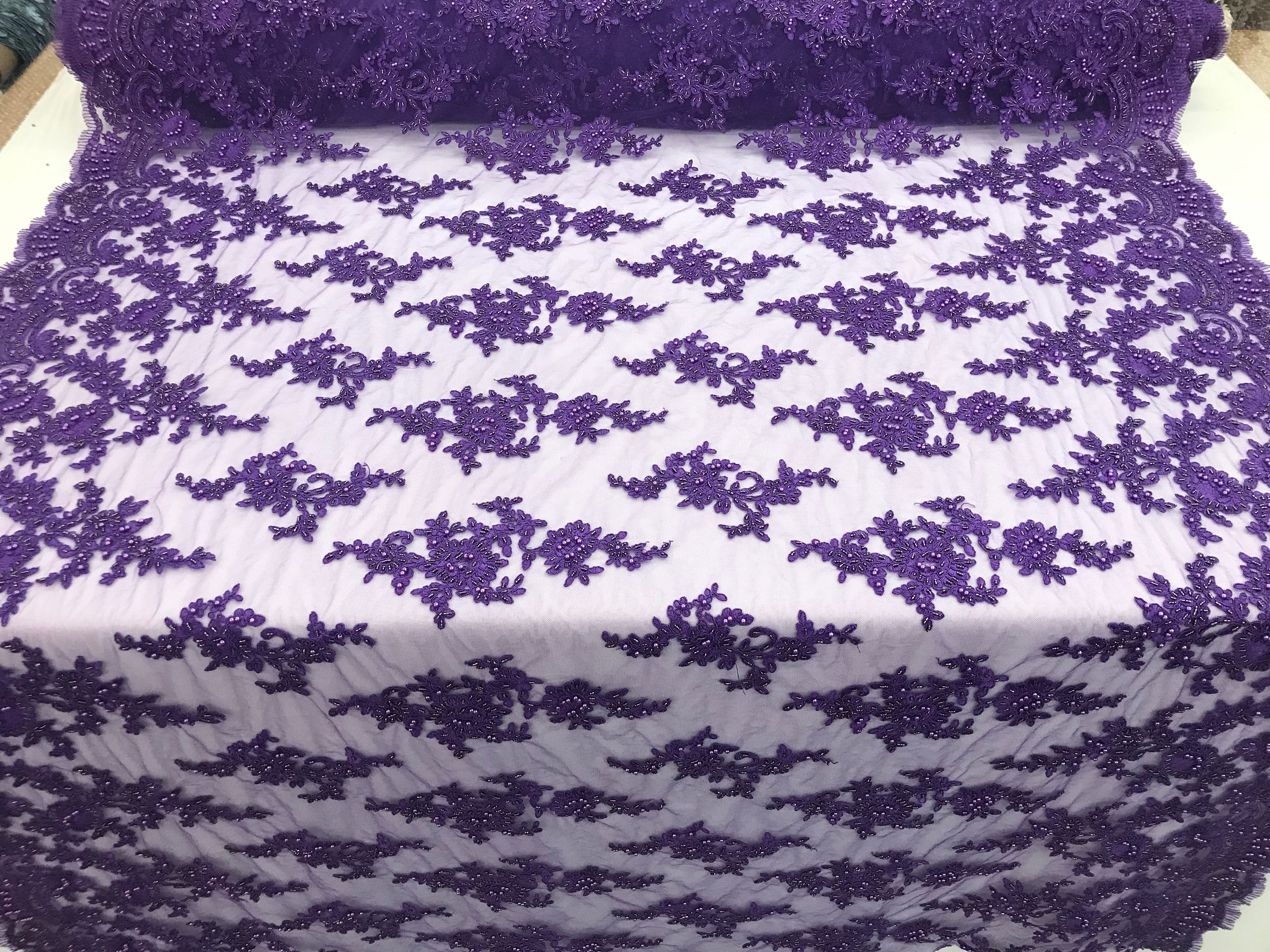 Lilac - Floral Hand Beaded Embroidered Pattern Bridal Lace Wedding Fabric Sold by The Yard