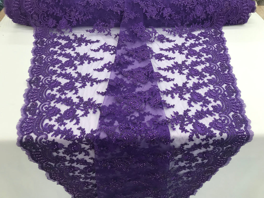 Lilac - Floral Hand Beaded Embroidered Pattern Bridal Lace Wedding Fabric Sold by The Yard