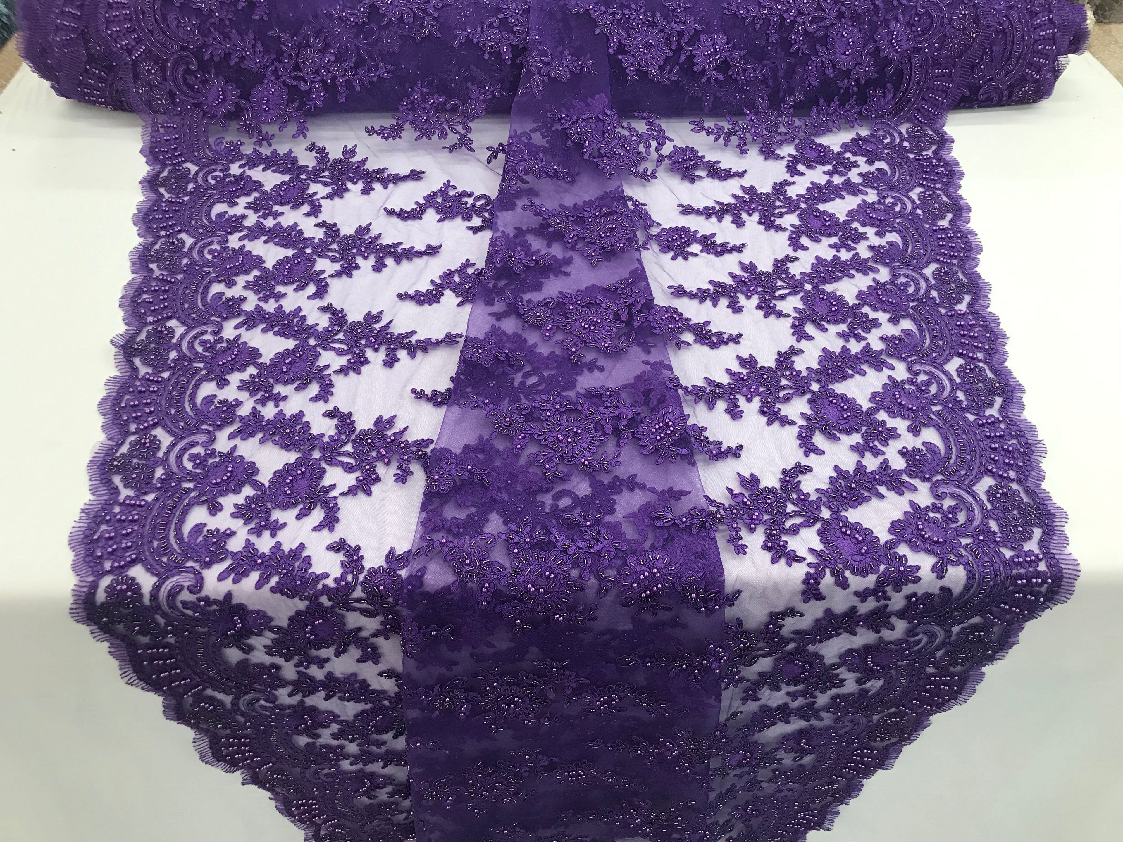 Lilac - Floral Hand Beaded Embroidered Pattern Bridal Lace Wedding Fabric Sold by The Yard