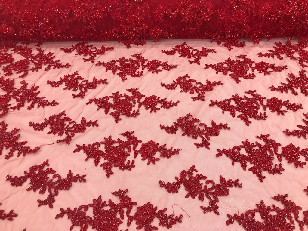 Red - Floral Hand Beaded Embroidered Pattern Bridal Lace Wedding Fabric Sold by The Yard