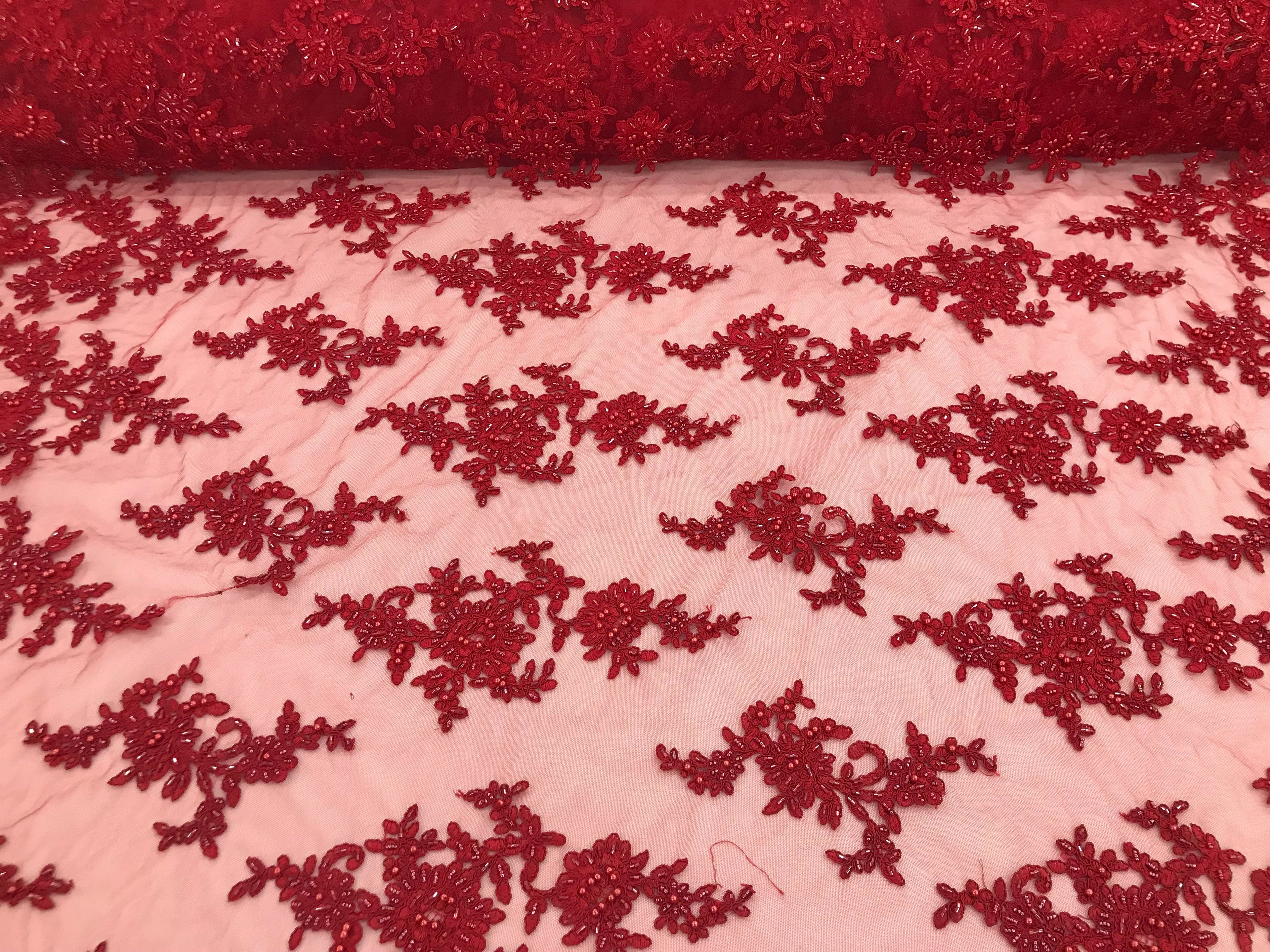 Red - Floral Hand Beaded Embroidered Pattern Bridal Lace Wedding Fabric Sold by The Yard