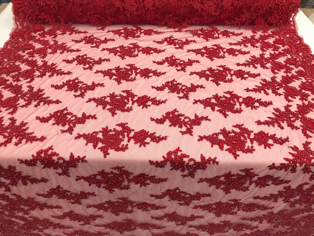 Red - Floral Hand Beaded Embroidered Pattern Bridal Lace Wedding Fabric Sold by The Yard