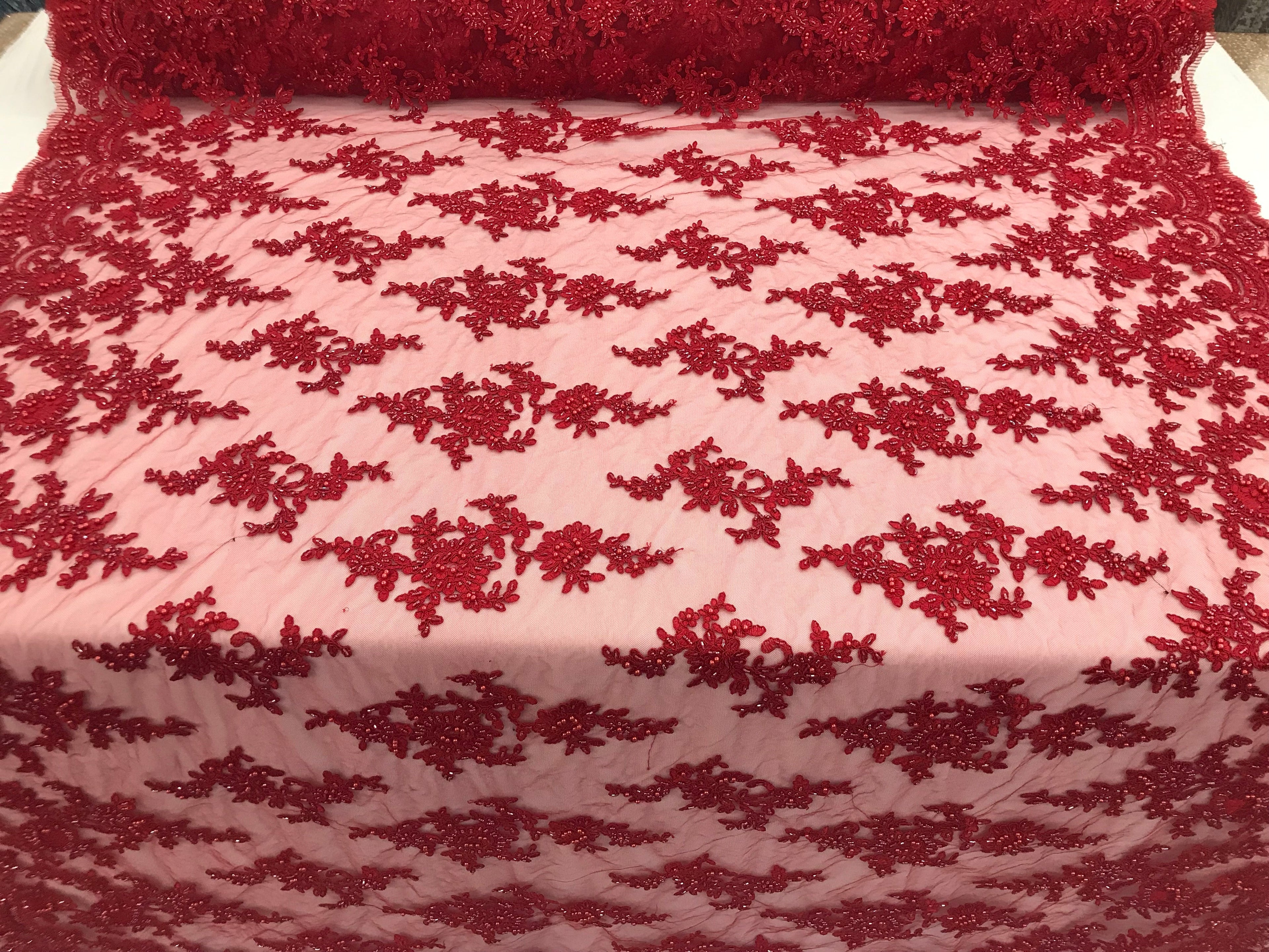 Red - Floral Hand Beaded Embroidered Pattern Bridal Lace Wedding Fabric Sold by The Yard