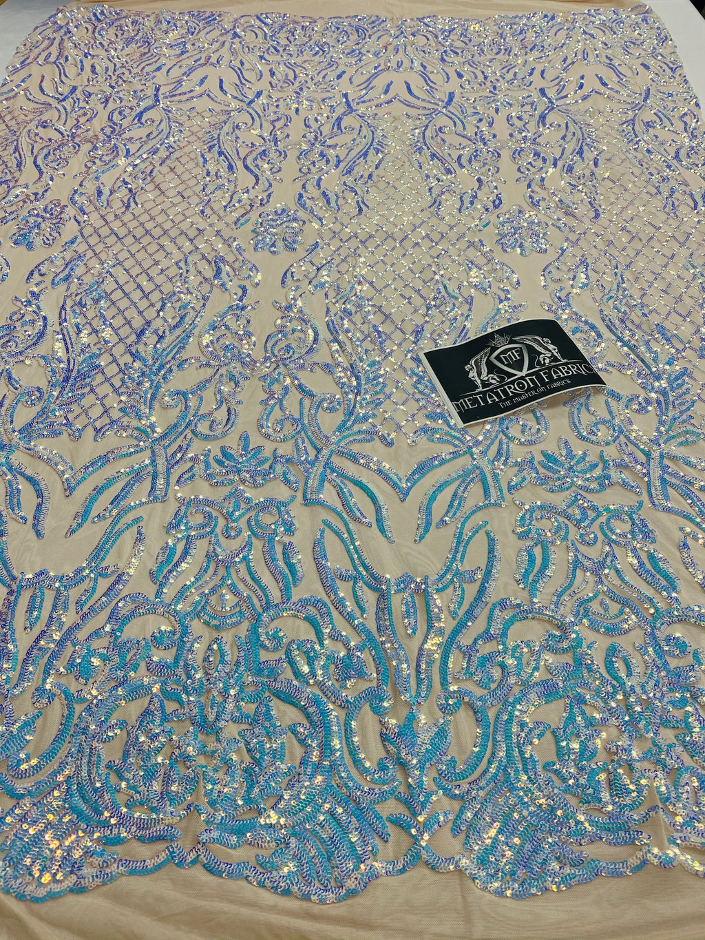 4 Way Stretch Fabric - Iridescent Aqua - Sequins Design on Spandex Mesh Fashion Fabric