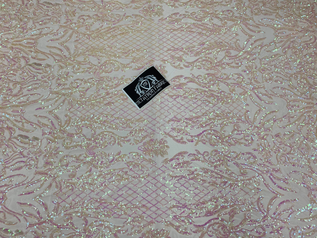 4 Way Stretch Fabric - Iridescent Clear Pink - Sequins Design on Spandex Mesh Fashion Fabric