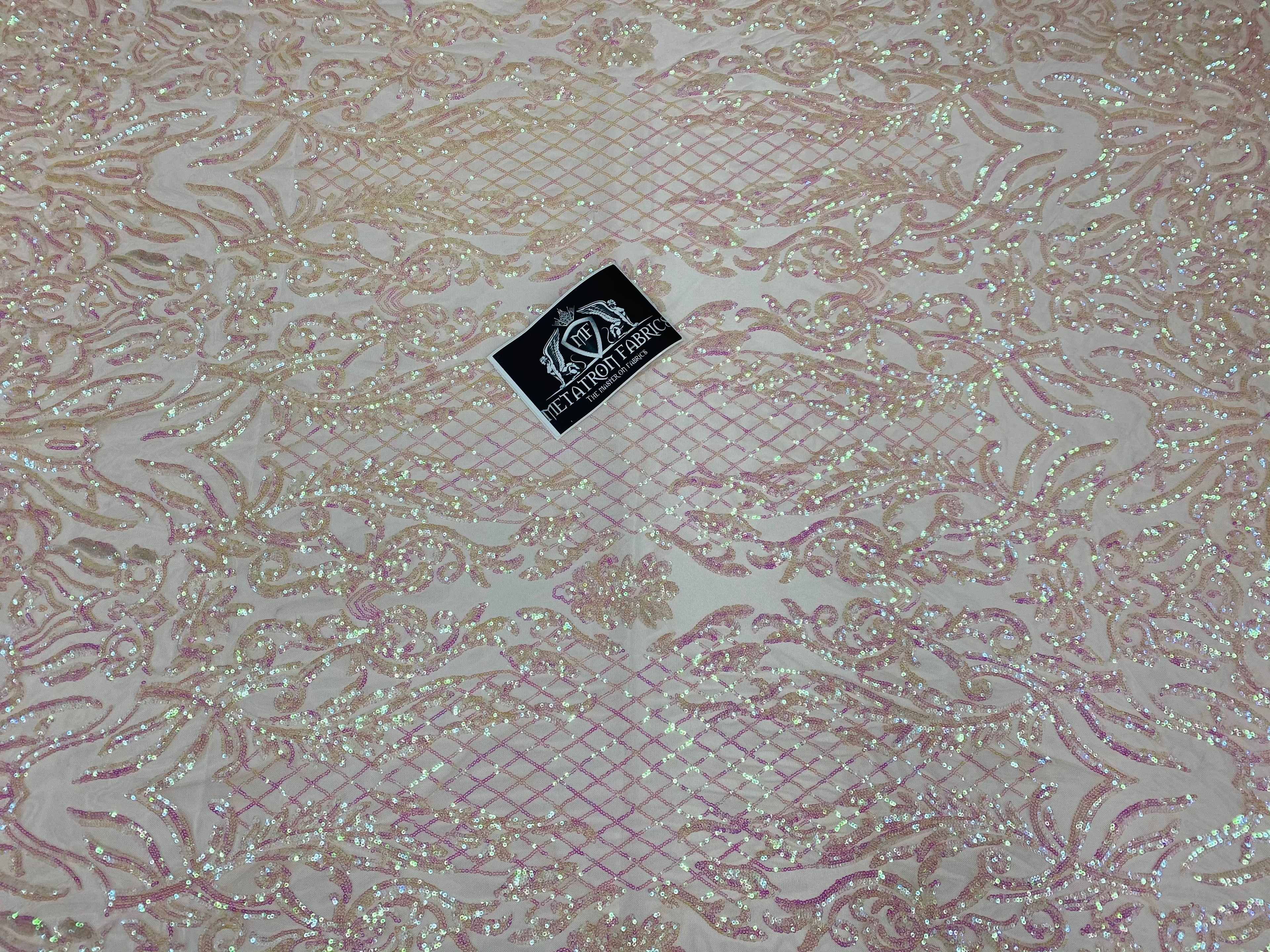 4 Way Stretch Fabric - Iridescent Clear Pink - Sequins Design on Spandex Mesh Fashion Fabric