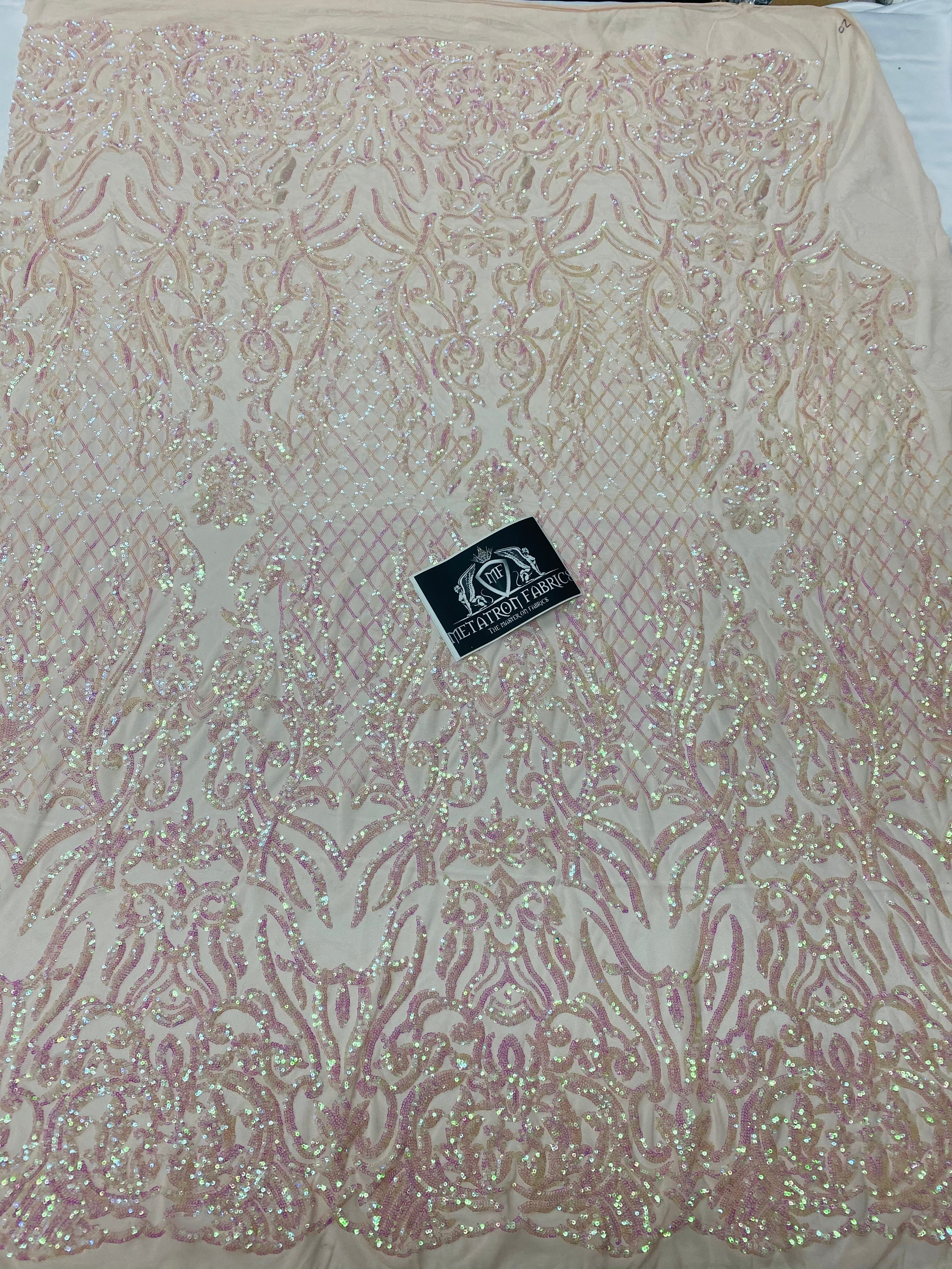 4 Way Stretch Fabric - Iridescent Clear Pink - Sequins Design on Spandex Mesh Fashion Fabric