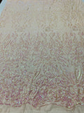 4 Way Stretch Fabric - Iridescent Clear Pink - Sequins Design on Spandex Mesh Fashion Fabric