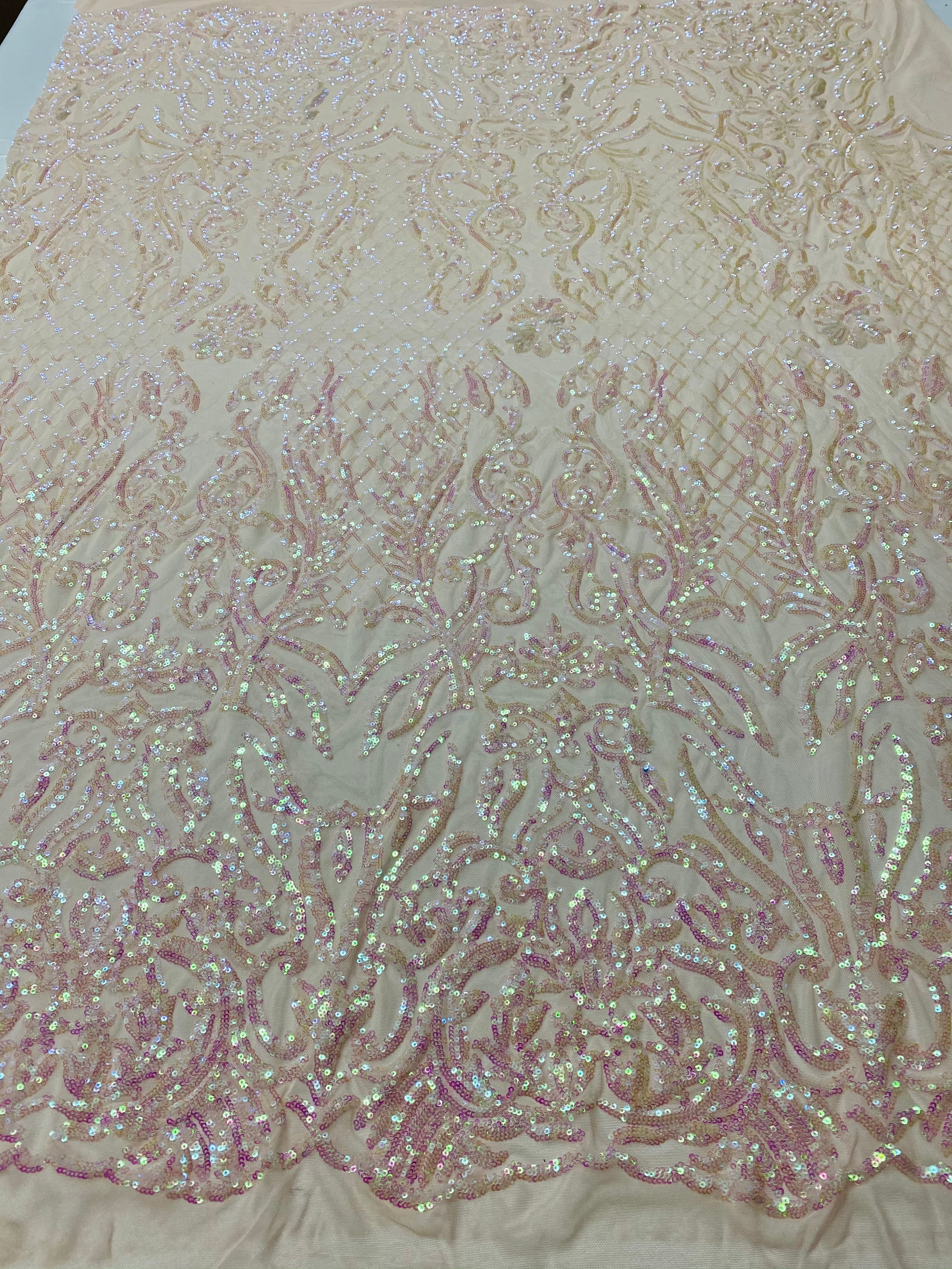 4 Way Stretch Fabric - Iridescent Clear Pink - Sequins Design on Spandex Mesh Fashion Fabric