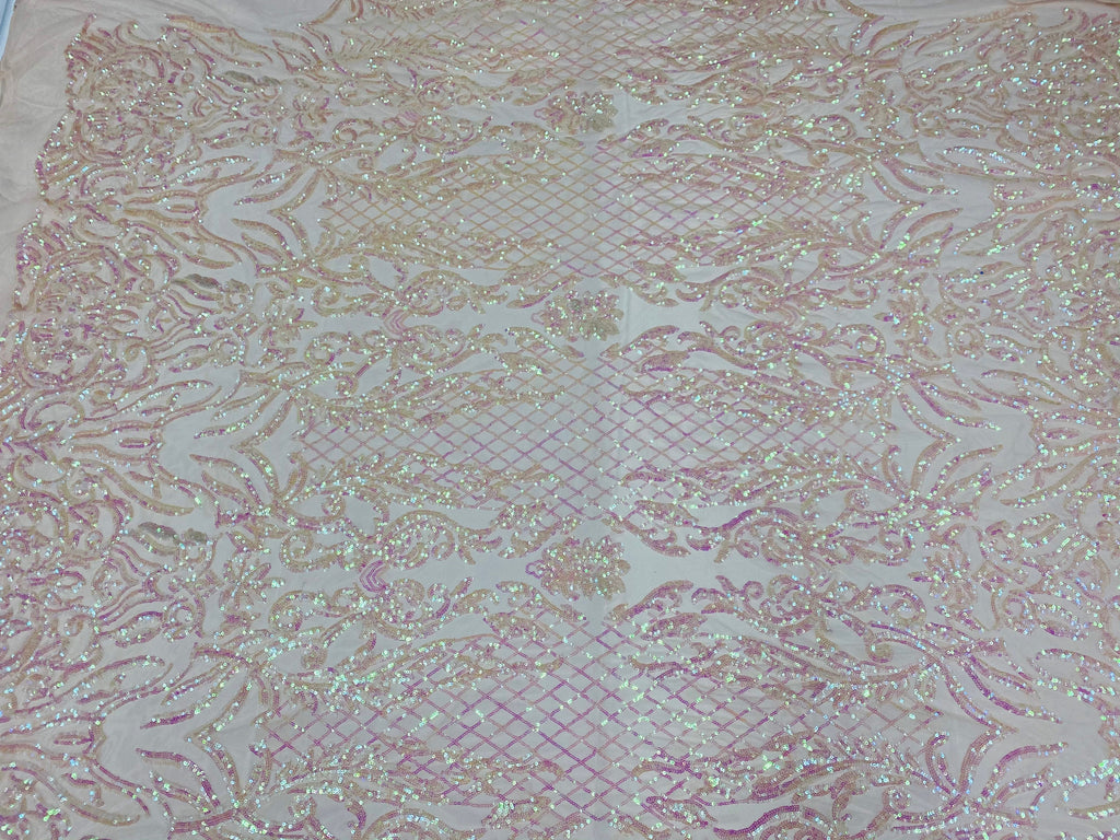 4 Way Stretch Fabric - Iridescent Clear Pink - Sequins Design on Spandex Mesh Fashion Fabric