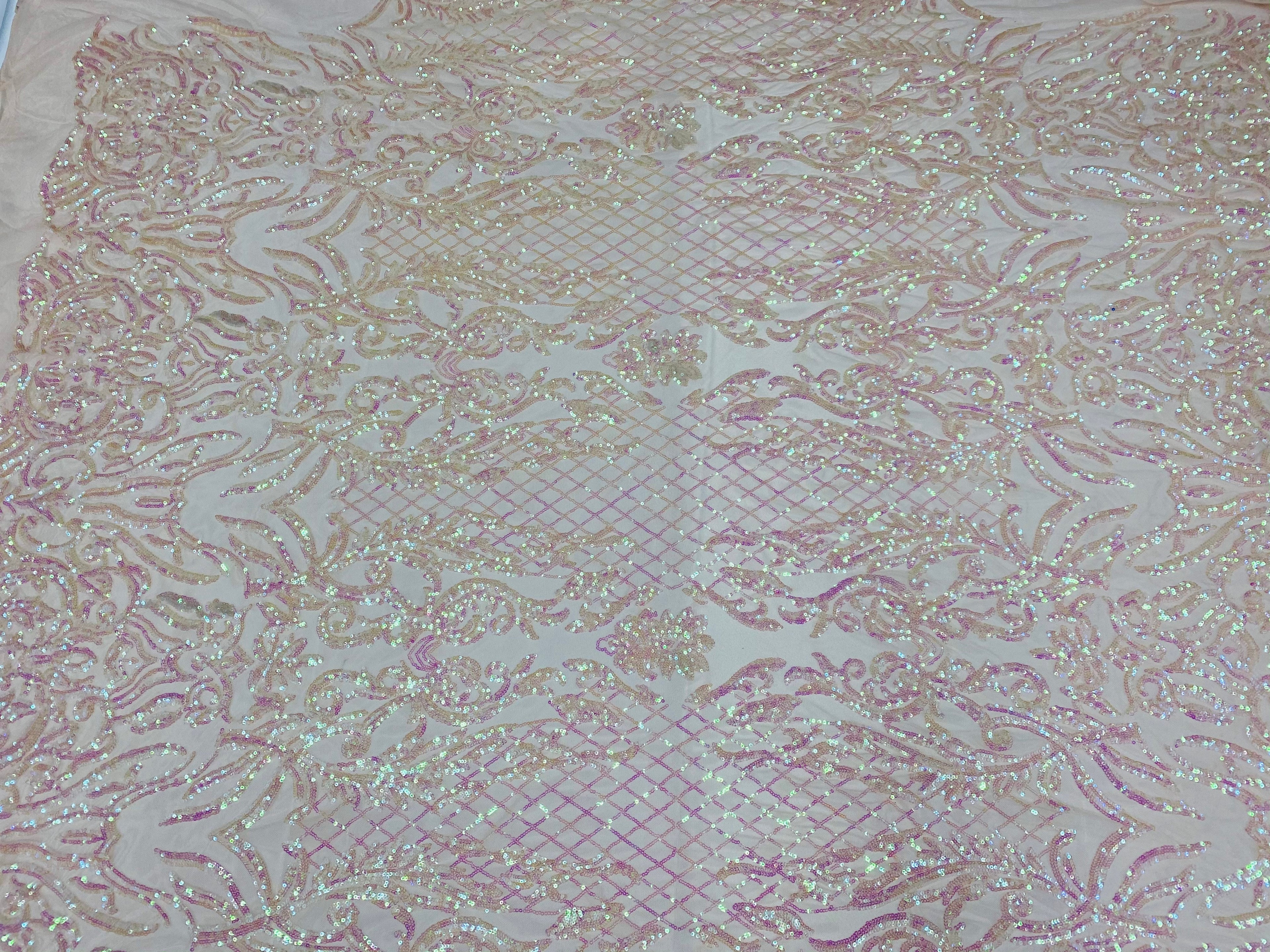 4 Way Stretch Fabric - Iridescent Clear Pink - Sequins Design on Spandex Mesh Fashion Fabric