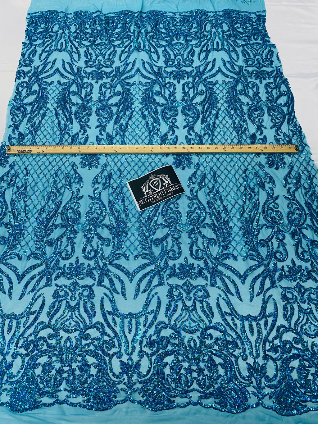 4 Way Stretch Fabric - Iridescent Turquoise - Sequins Design on Spandex Mesh Fashion Fabric