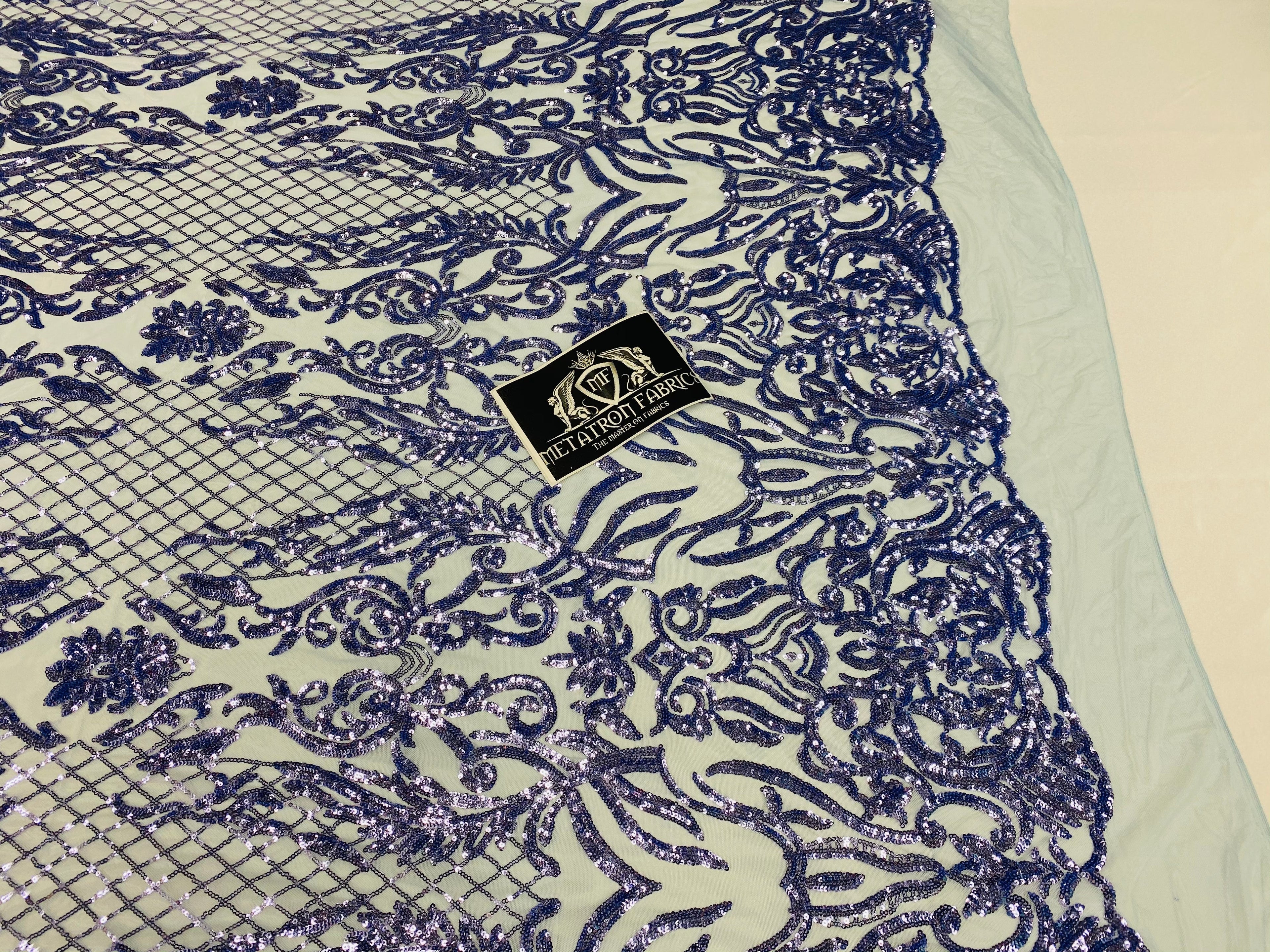 4 Way Stretch Fabric - Blue - Sequins Design on Spandex Mesh Fashion Fabric