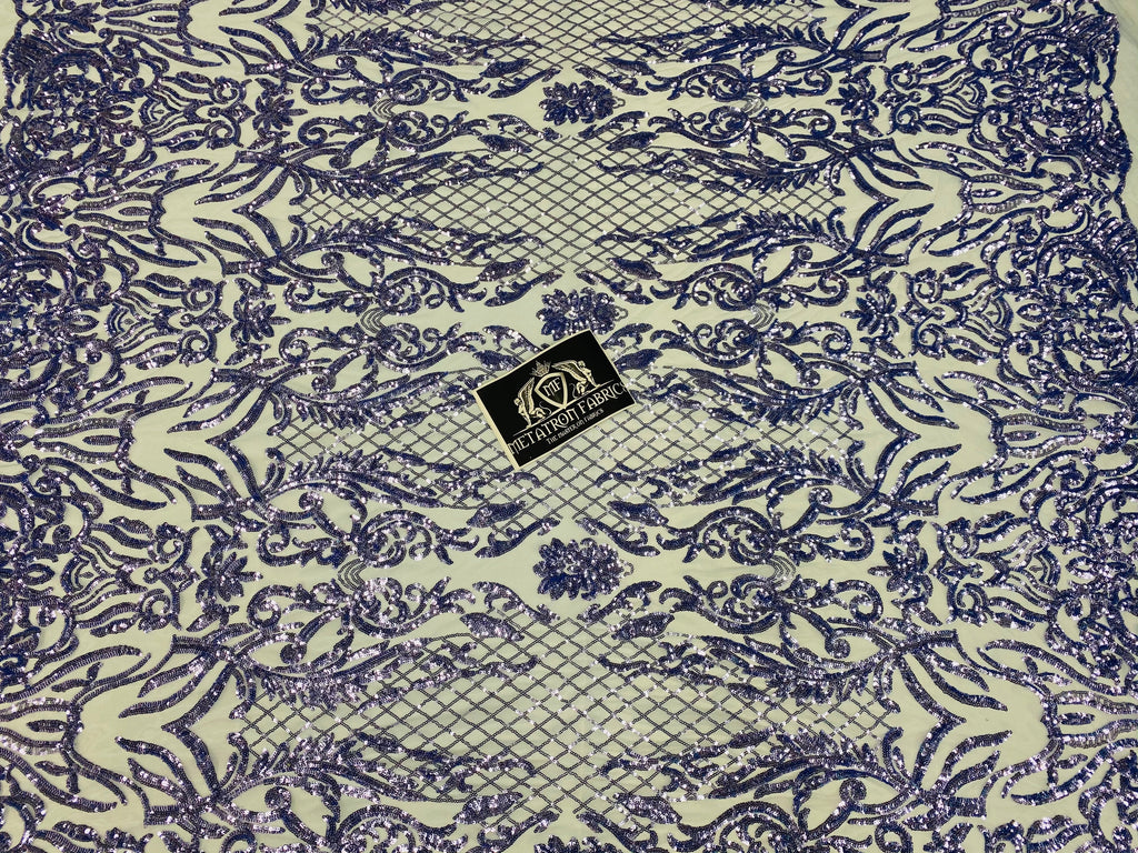 4 Way Stretch Fabric - Blue - Sequins Design on Spandex Mesh Fashion Fabric
